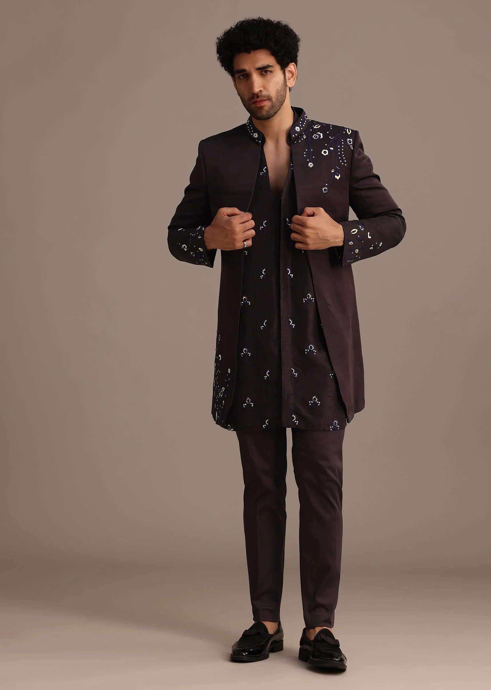 Black Hand Embroidered Indo Western Set in Silk Blend - Image 2