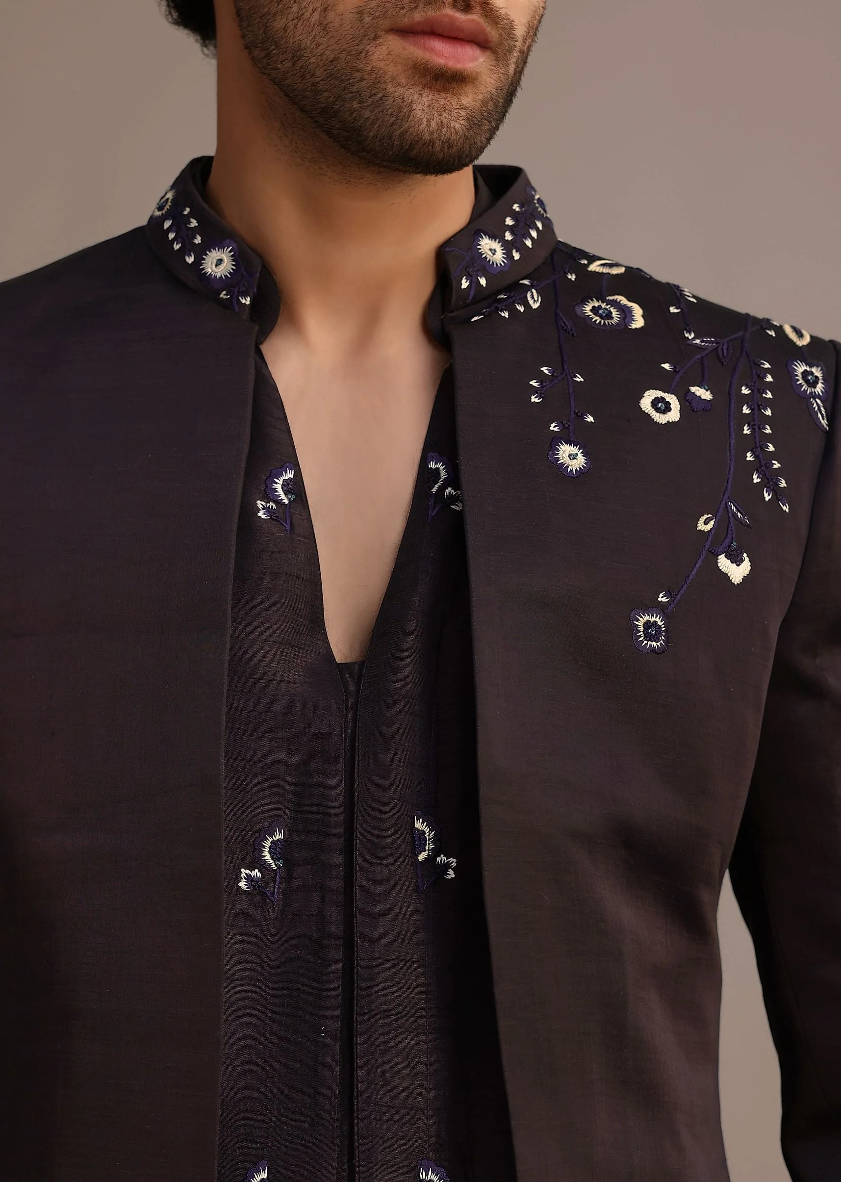 Black Hand Embroidered Indo Western Set in Silk Blend - Image 3