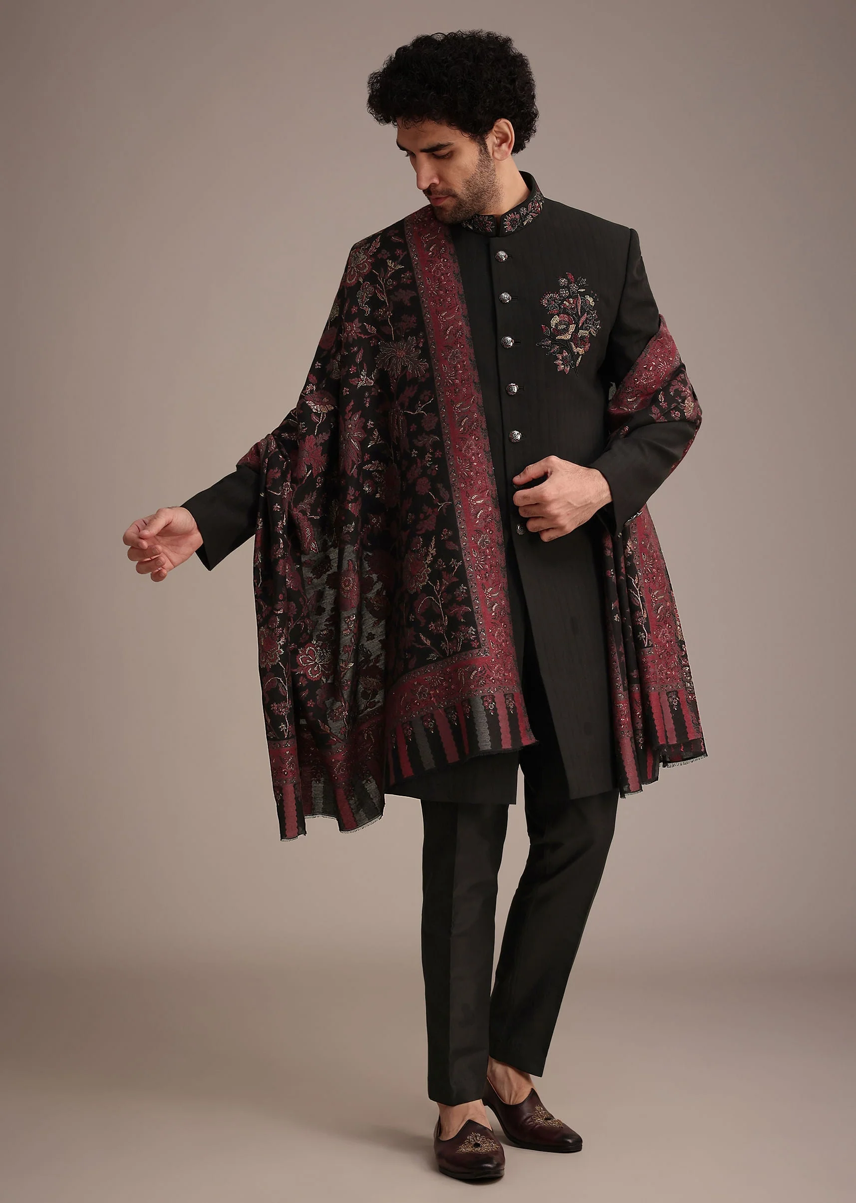 Black Hand Work Sherwani Suit With Dupatta - Image 3
