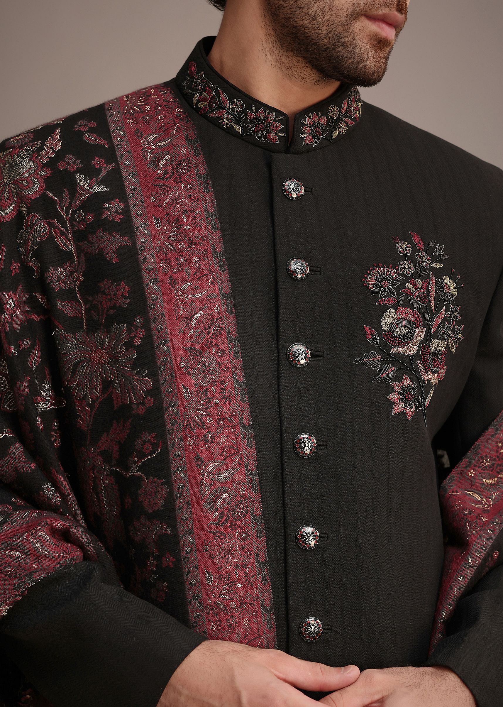 Black Hand Work Sherwani Suit With Dupatta - Image 4