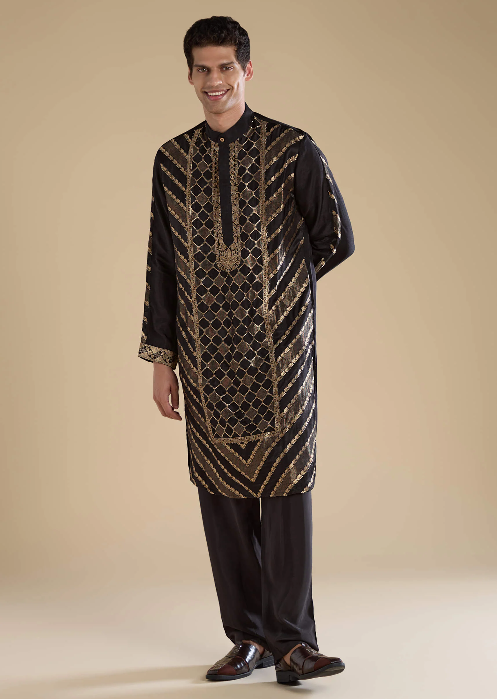 Black Handwoven Jacquard Silk Mens Kurta Pant Set - Image 3