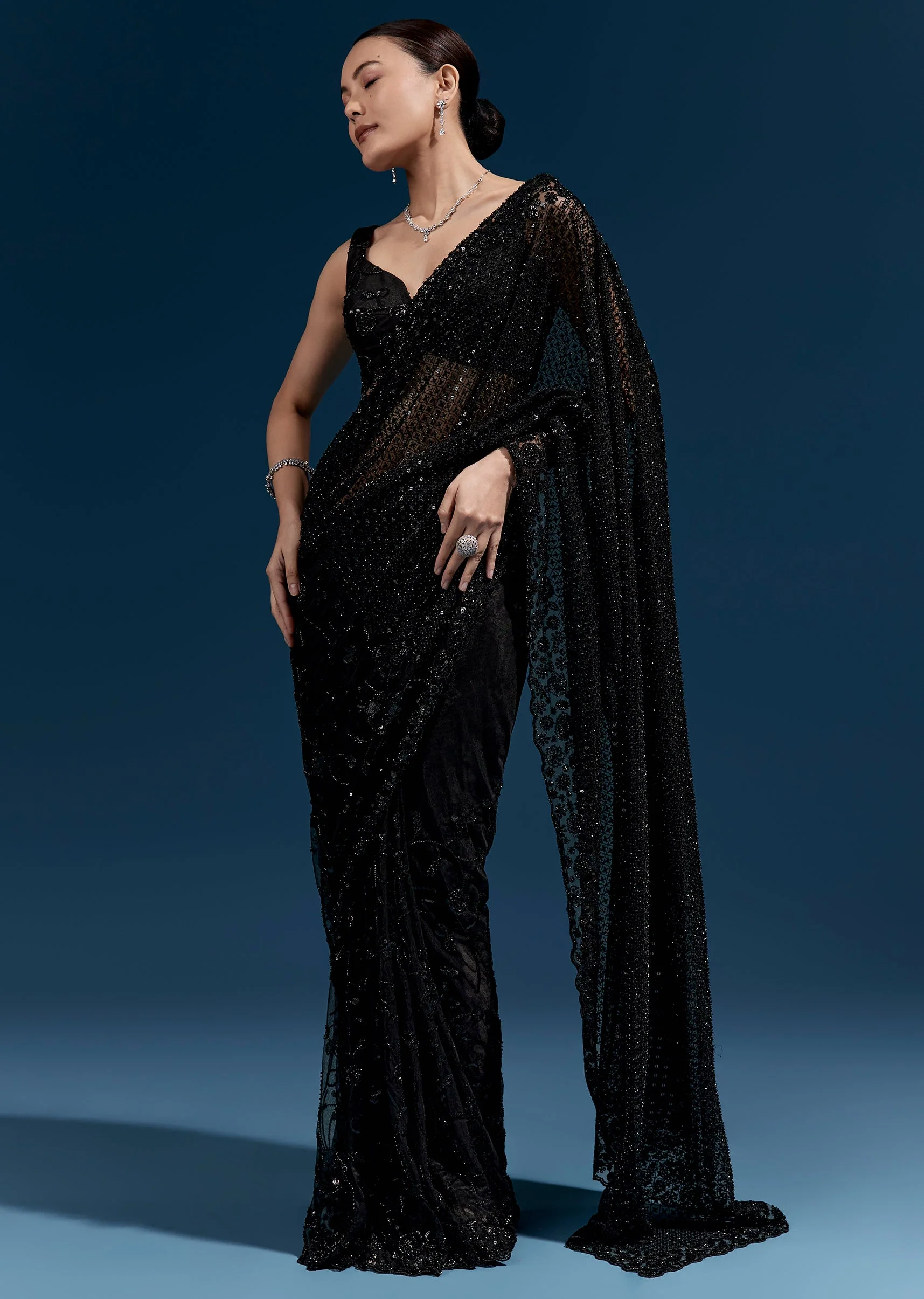 Black Heavy Embroidered Net Saree With Cutwork Border And Jaal Work