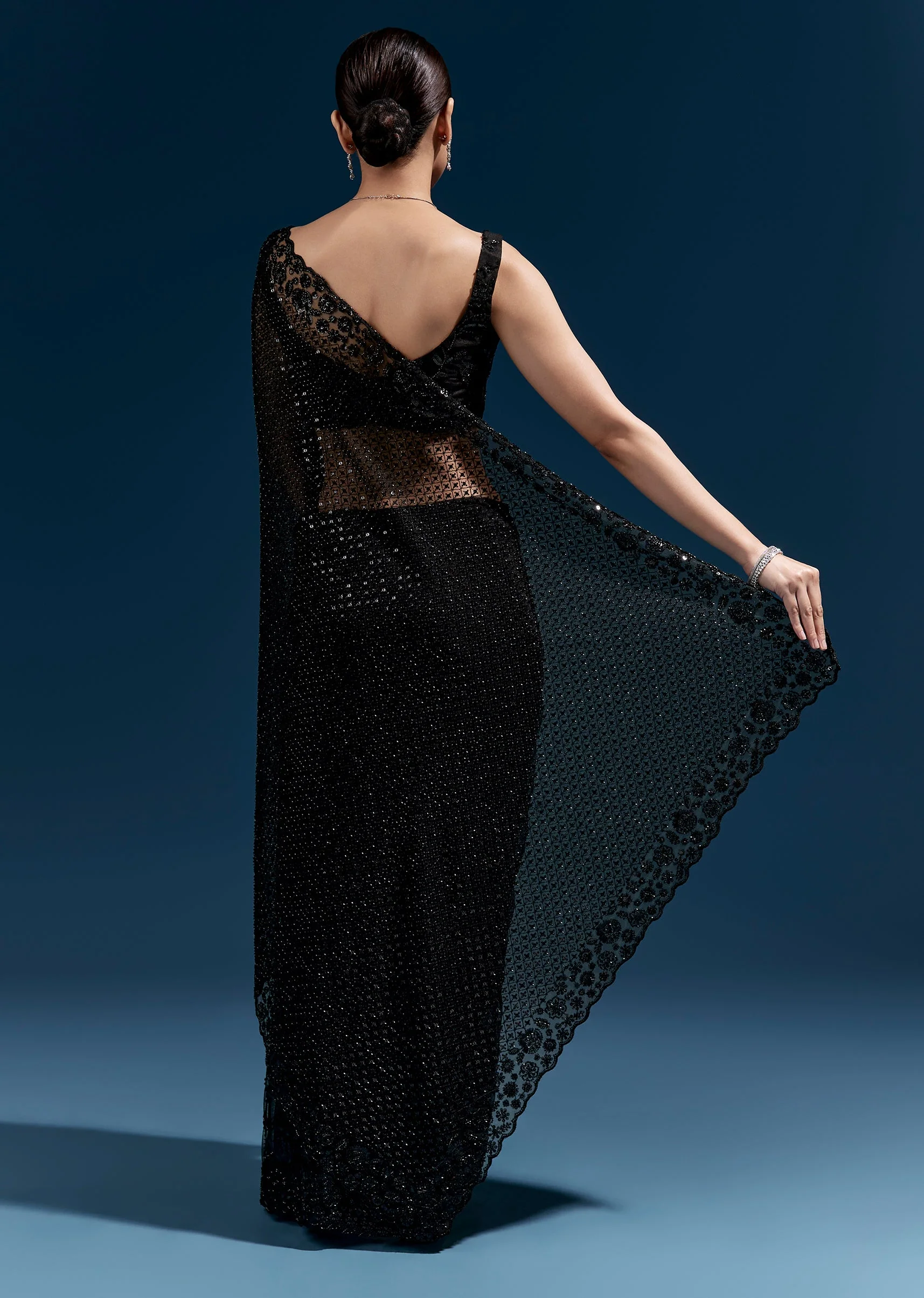 Black Heavy Embroidered Net Saree With Cutwork Border And Jaal Work - Image 4