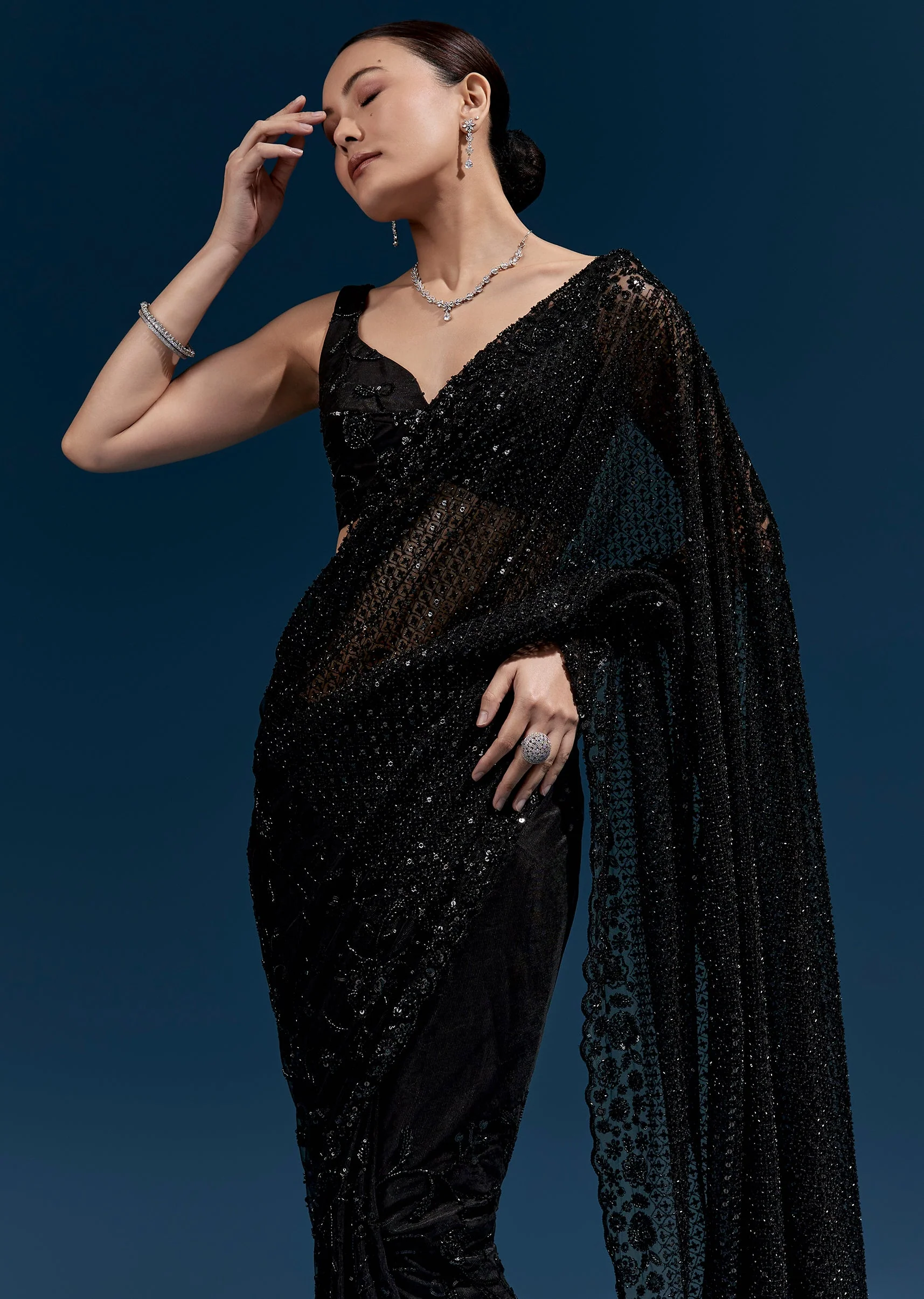 Black Heavy Embroidered Net Saree With Cutwork Border And Jaal Work - Image 5