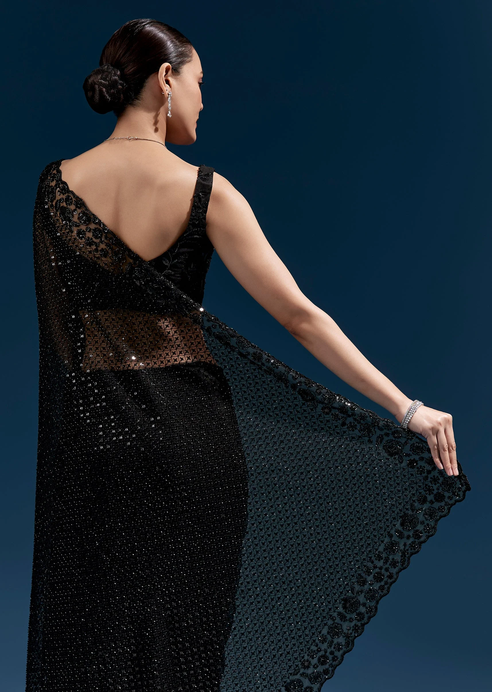 Black Heavy Embroidered Net Saree With Cutwork Border And Jaal Work - Image 6