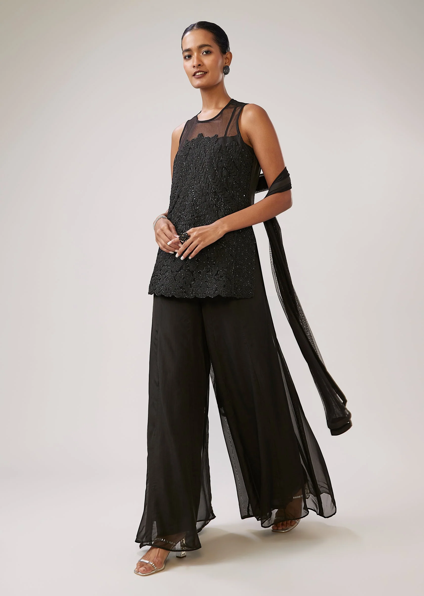 Black Illusion Neck Thread Work Palazzo Set With Dupatta - Image 3