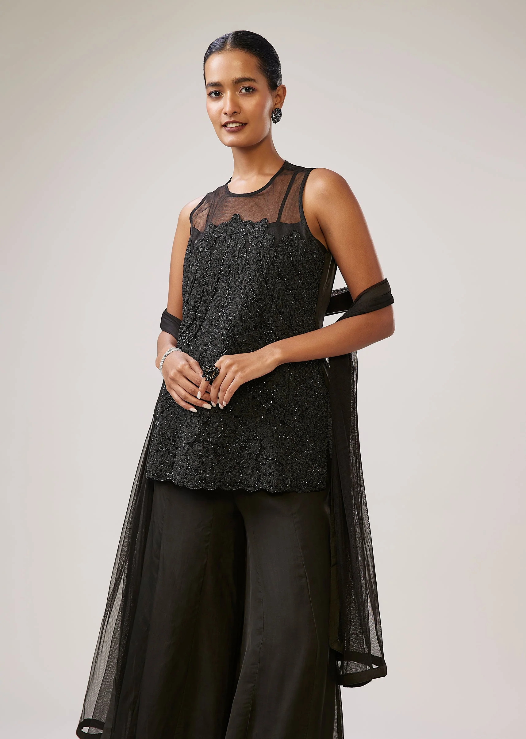 Black Illusion Neck Thread Work Palazzo Set With Dupatta - Image 4