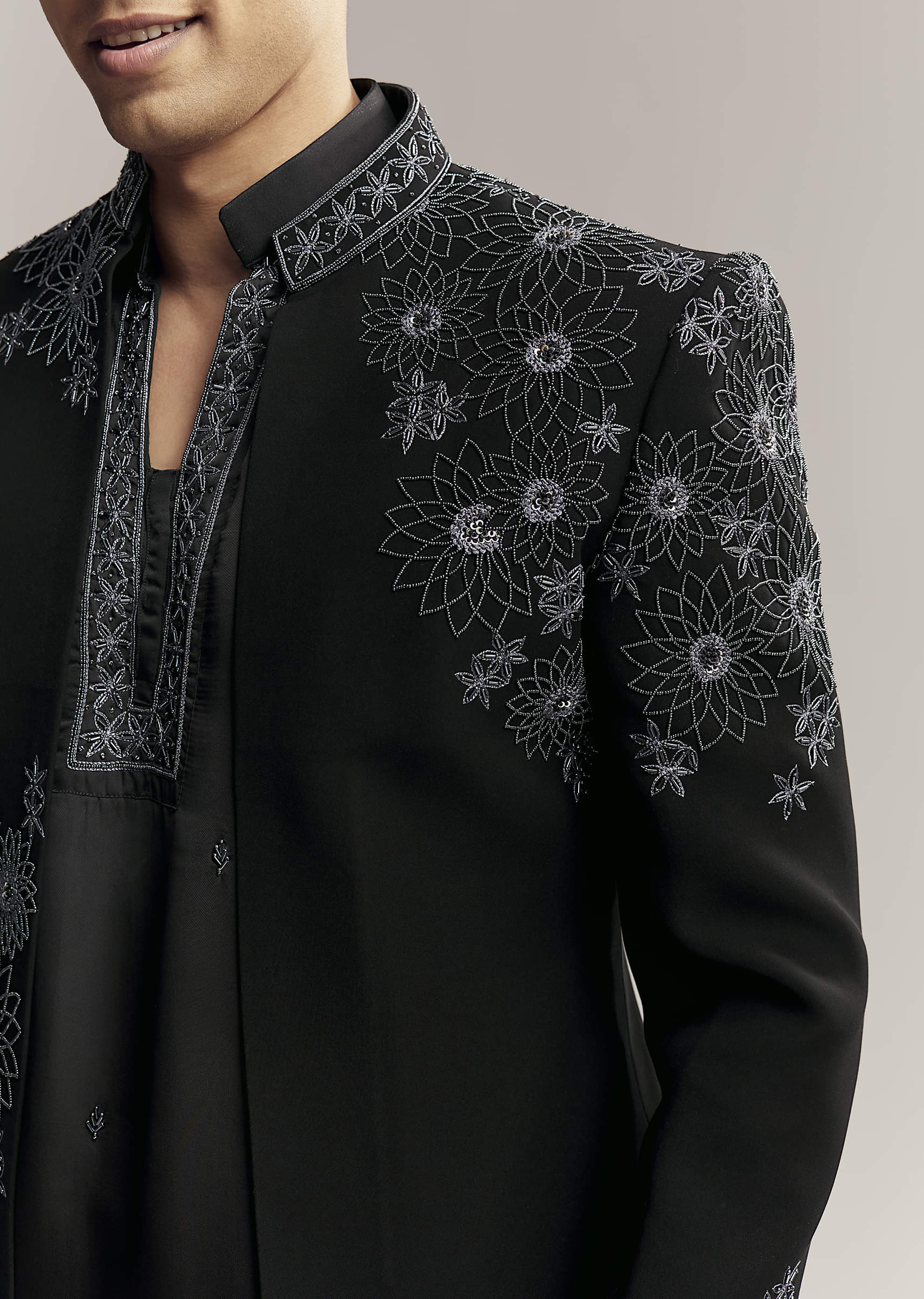 Black Imported Satin Organza Indo Western For Men With Zardosi Embroidery - Image 2