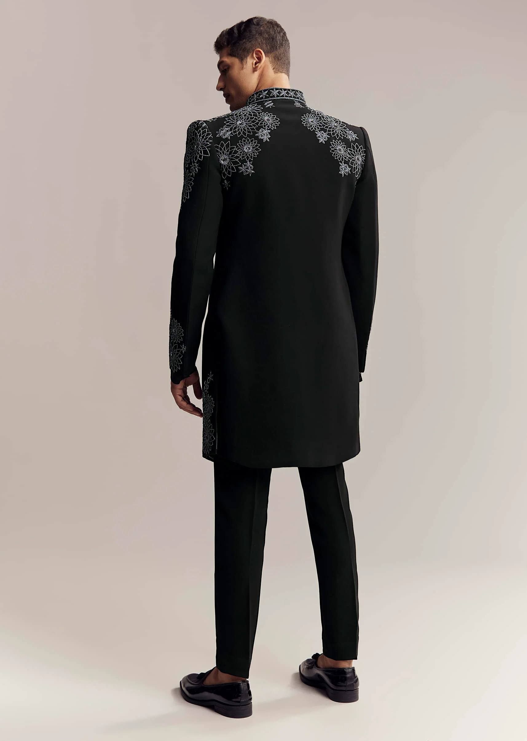 Black Imported Satin Organza Indo Western For Men With Zardosi Embroidery - Image 5
