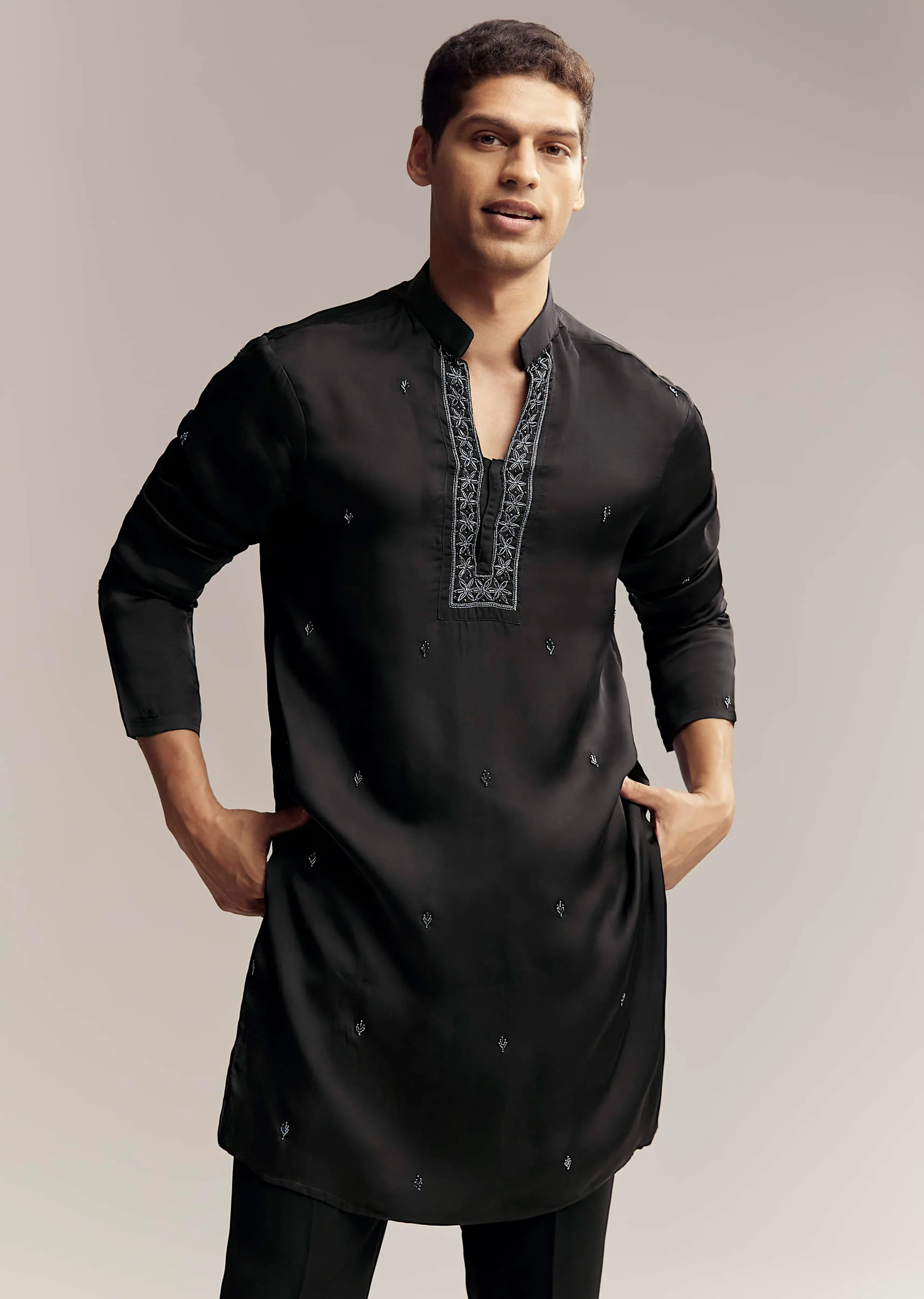 Black Imported Satin Organza Indo Western For Men With Zardosi Embroidery - Image 6