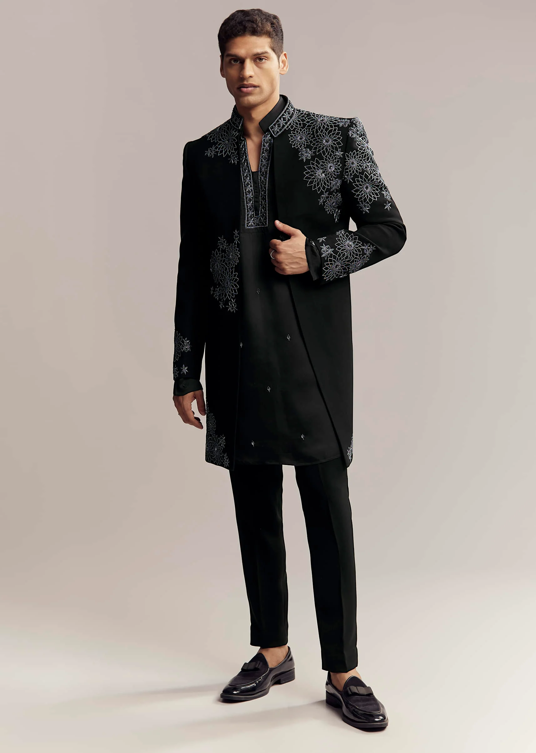 Black Imported Satin Organza Indo Western For Men With Zardosi Embroidery - Image 8