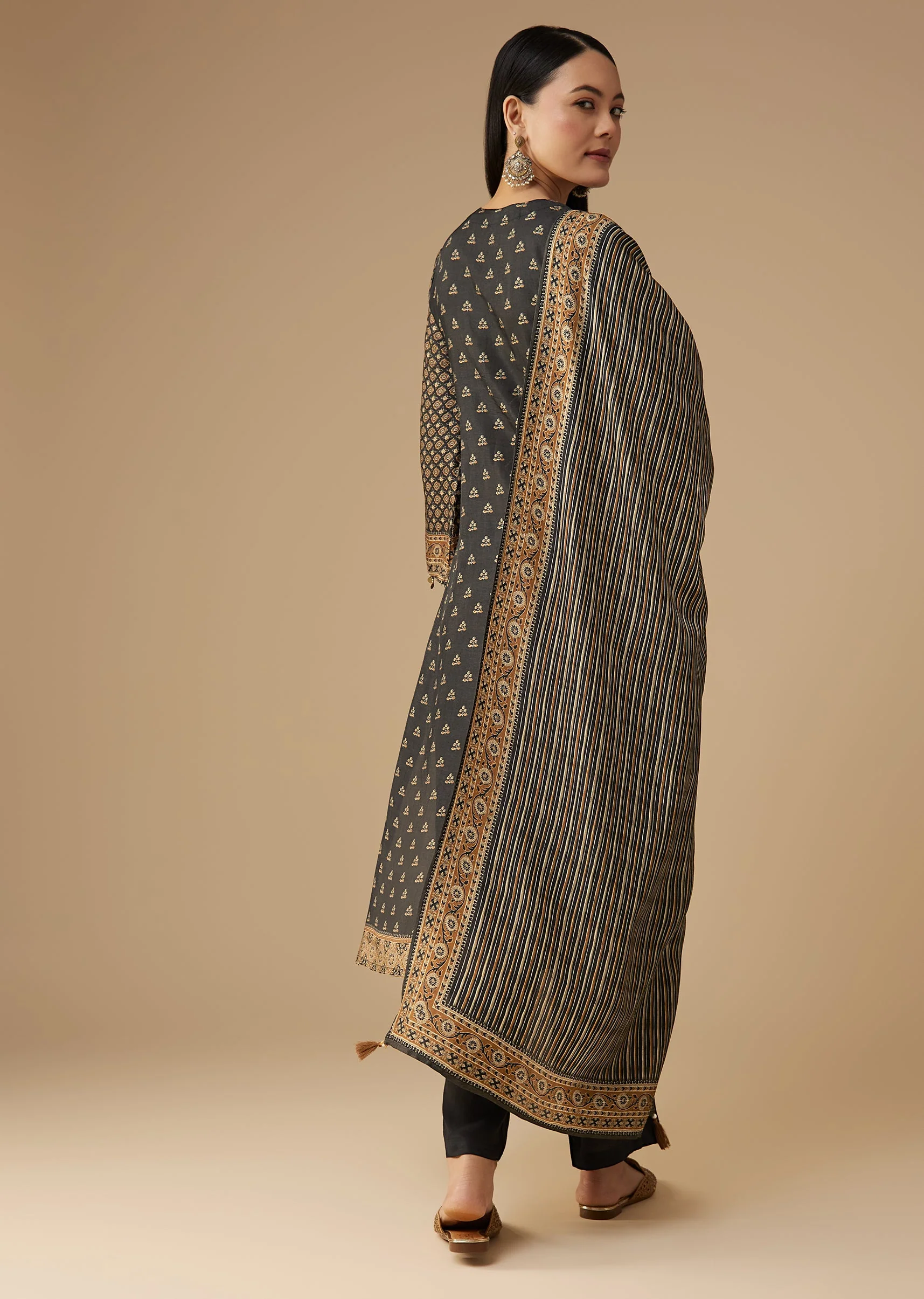 Black Indie Printed Silk Kurta Pant Set - Image 5