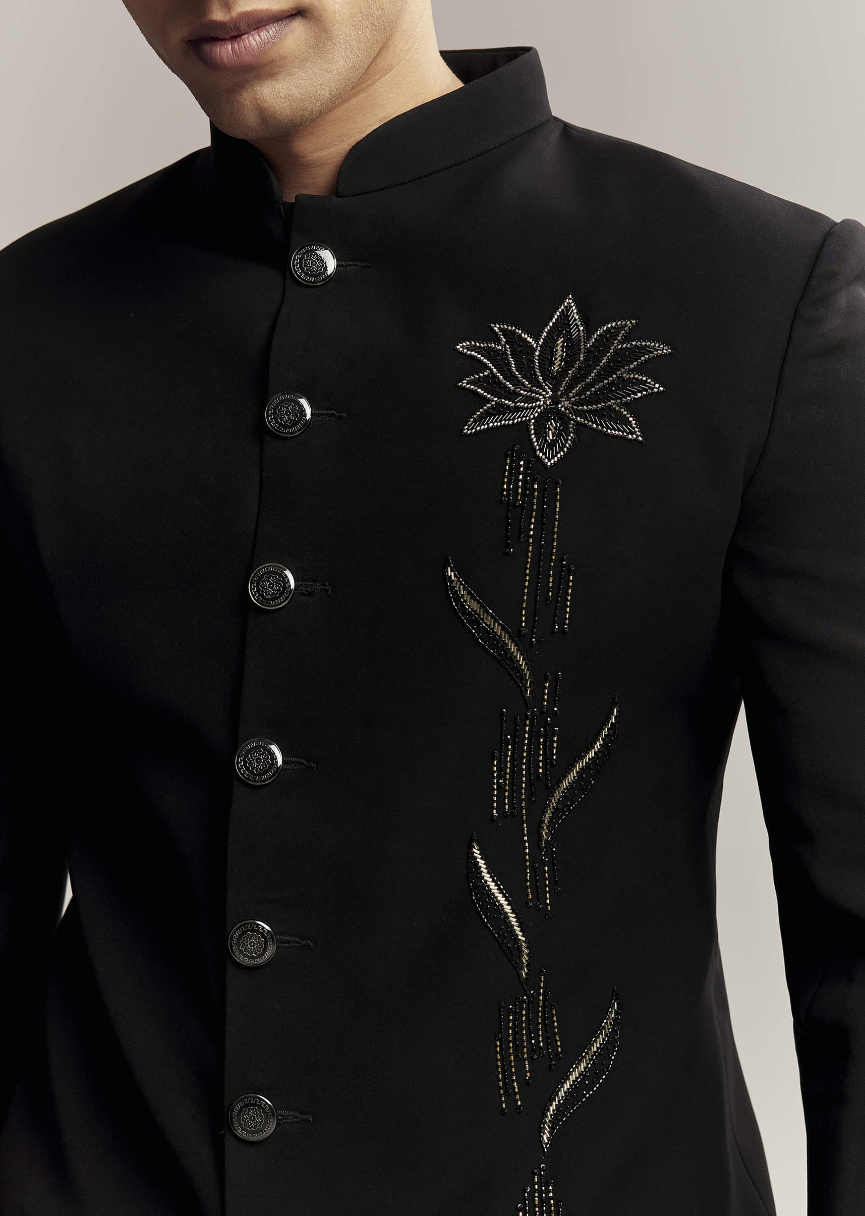 Black Indo Western For Men With Heavy Embroidery On Suiting Fabric - Image 2