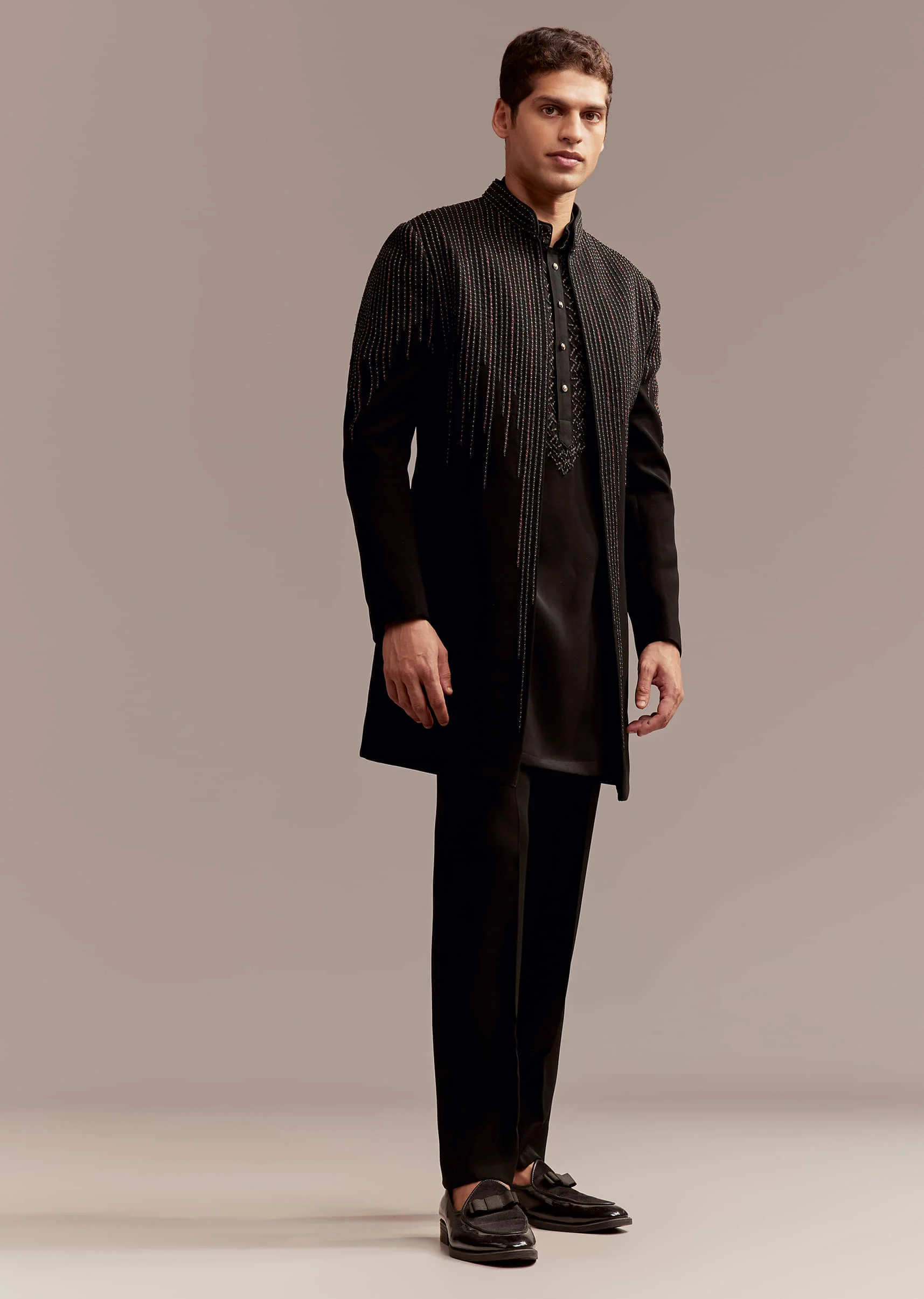 Black Indo Western Kurta Set For Men With Resham And Bead Embroidery