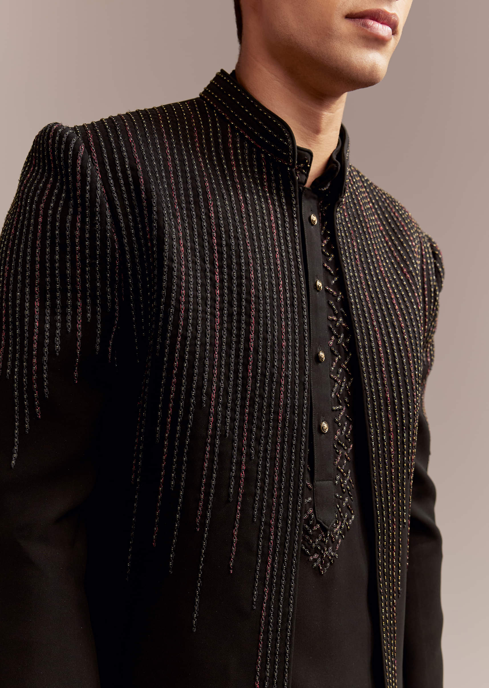 Black Indo Western Kurta Set For Men With Resham And Bead Embroidery - Image 2