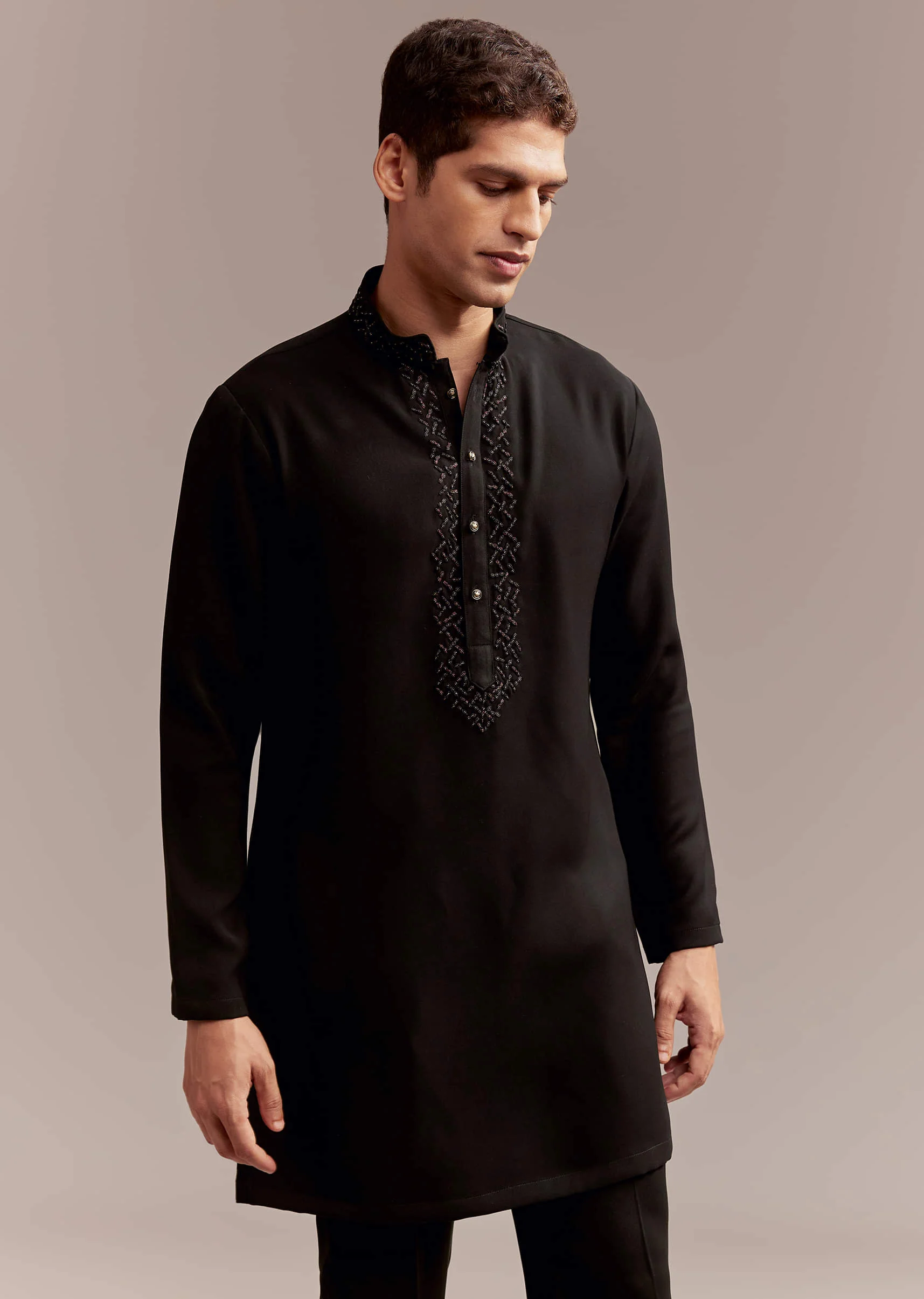 Black Indo Western Kurta Set For Men With Resham And Bead Embroidery - Image 7