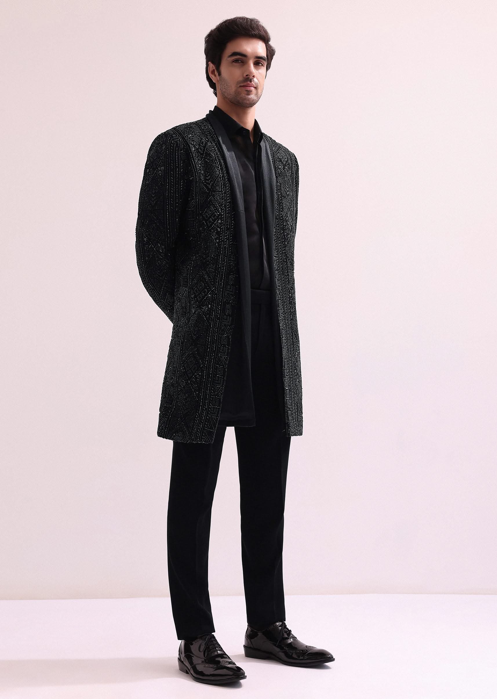Black Indo Western Lapel Jacket With Shirt And Pant - Image 4