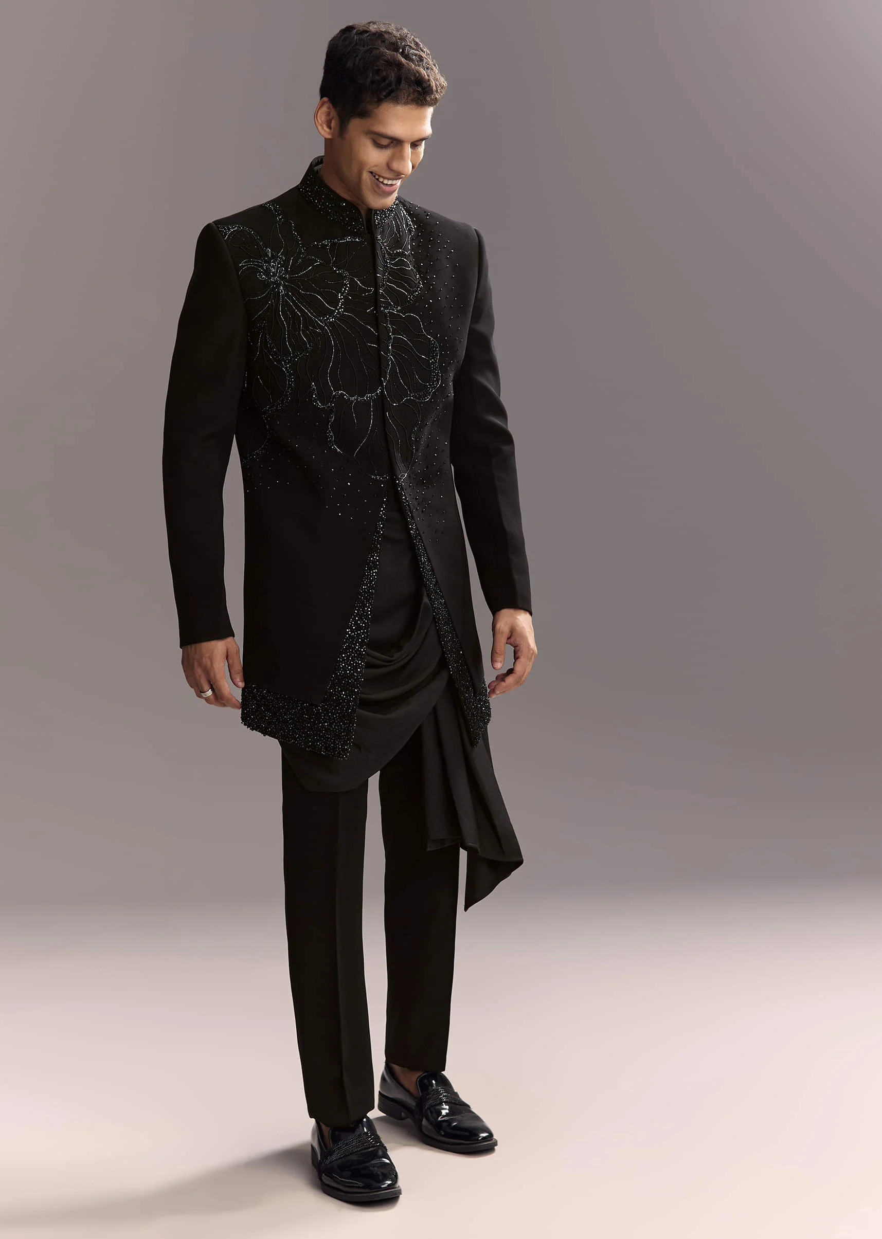 Black Indo Western Set For Men With Heavy Hand Work - Image 3