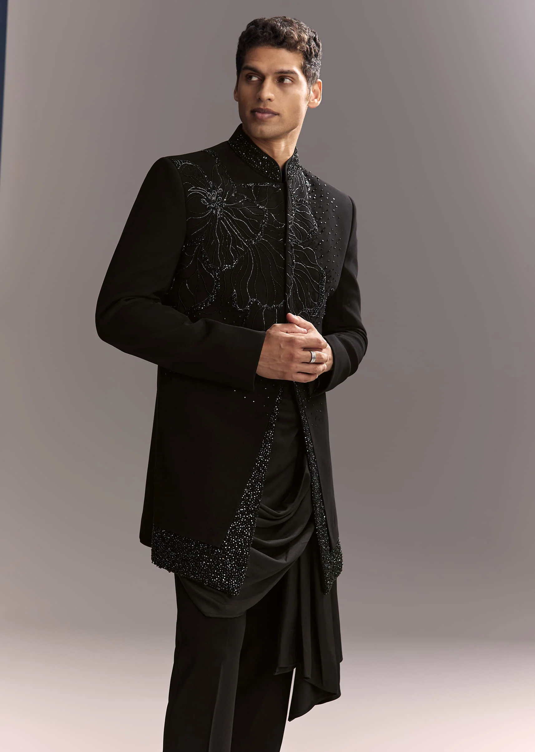 Black Indo Western Set For Men With Heavy Hand Work - Image 4