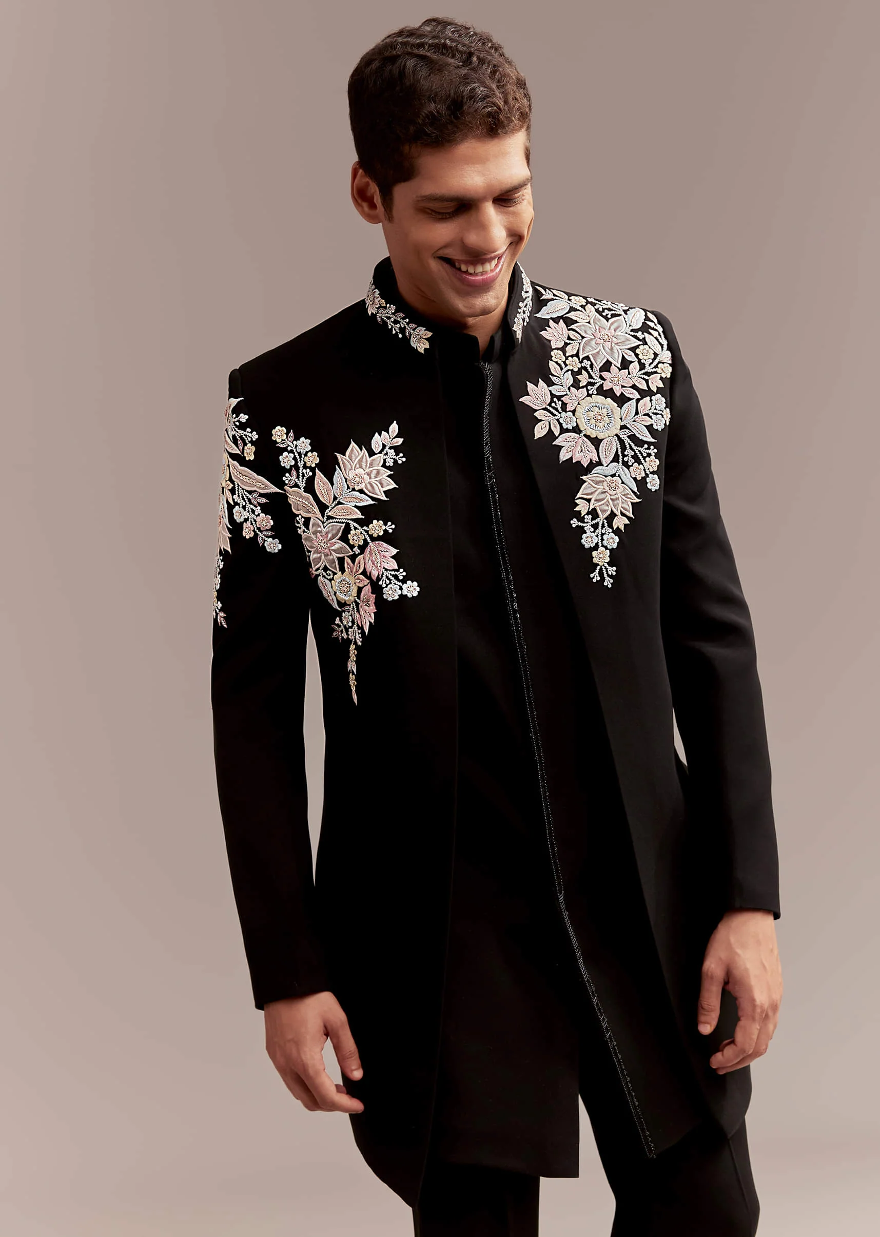 Black Indo Western Set For Men With Multicolour Embroidery - Image 5