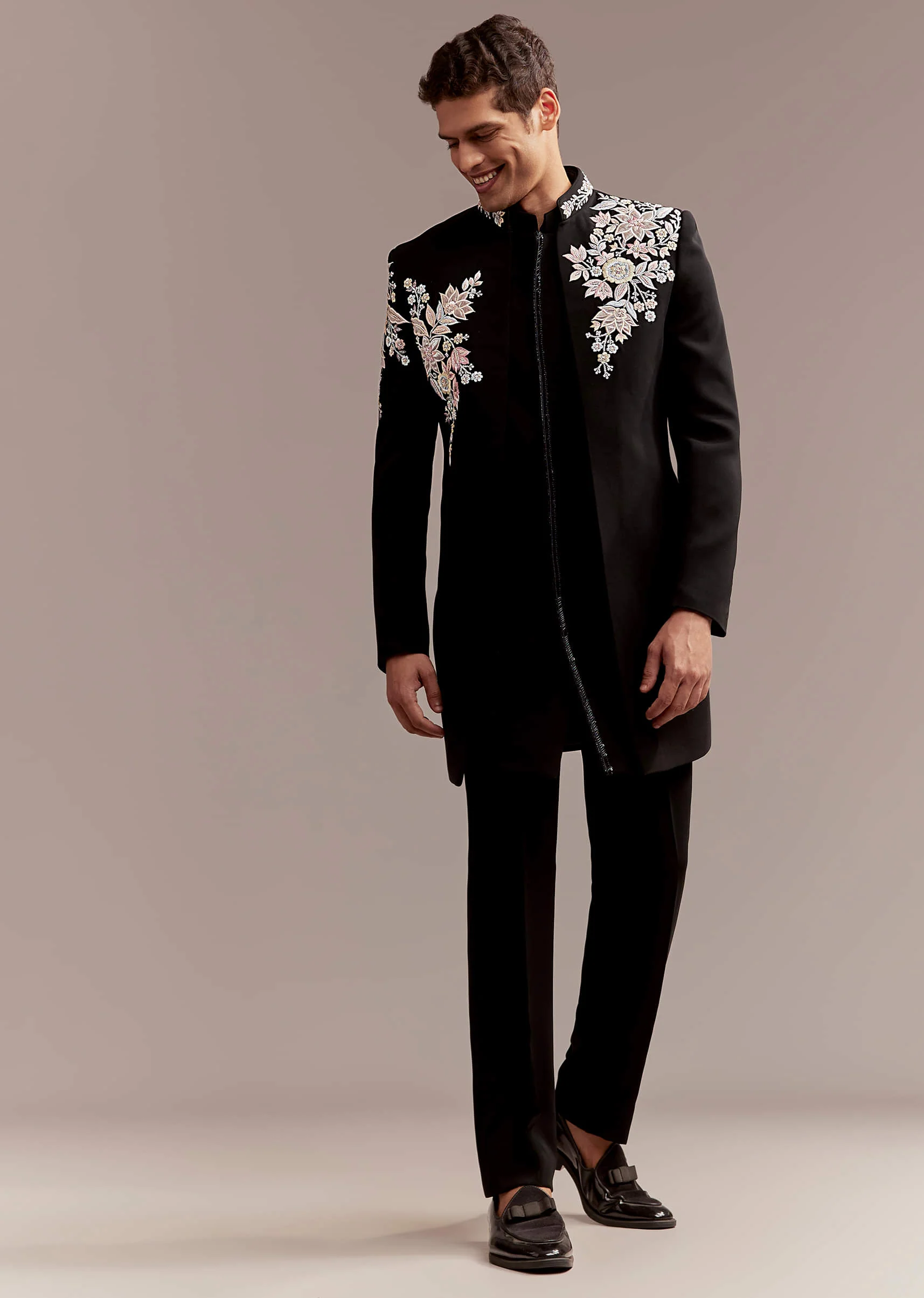 Black Indo Western Set For Men With Multicolour Embroidery - Image 9