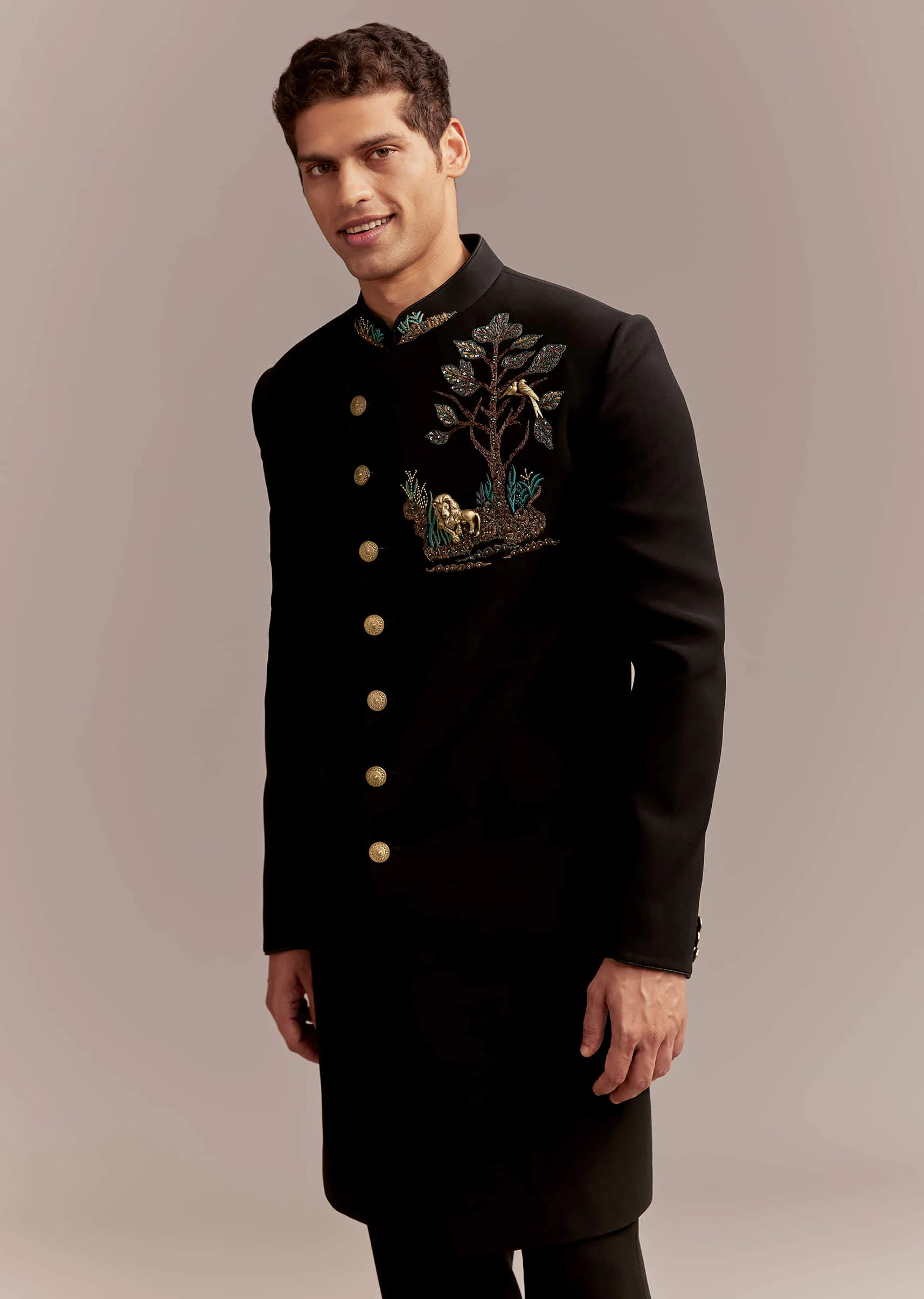Black Indo Western Set For Men With Nawabi Brooch And Embroidery - Image 3