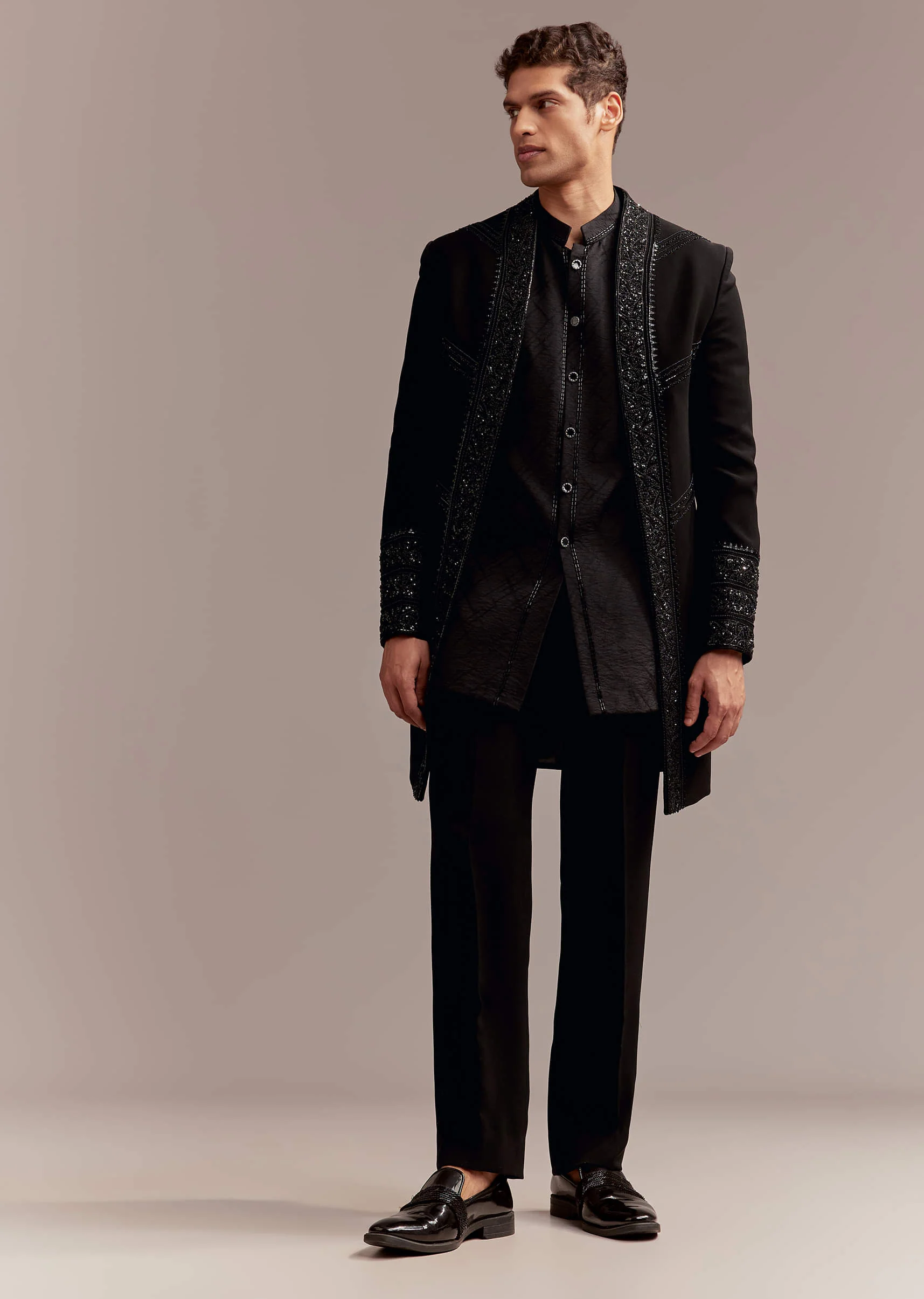 Black Indo Western Set For Men With Tonal Embroidery - Image 3