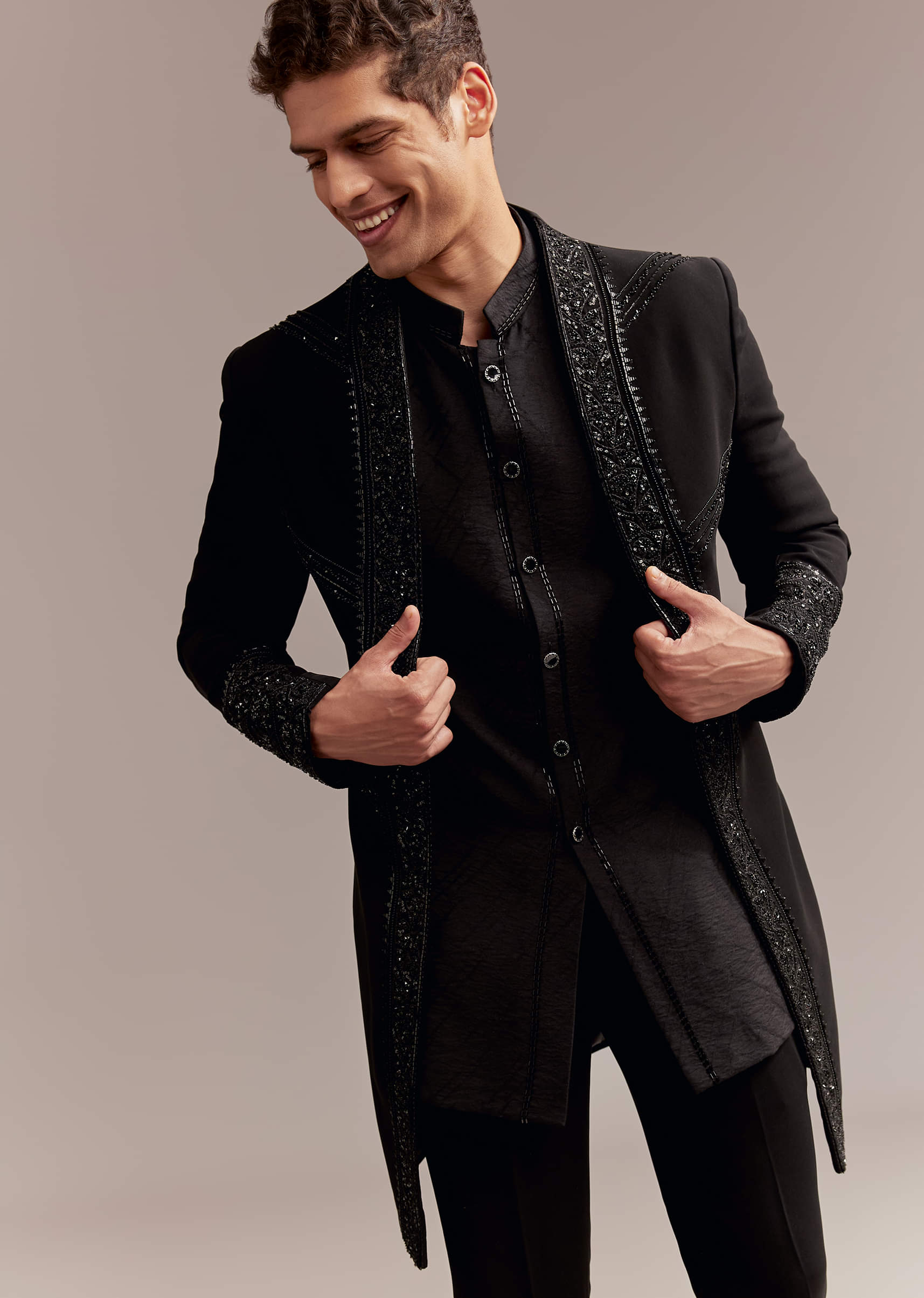 Black Indo Western Set For Men With Tonal Embroidery - Image 5
