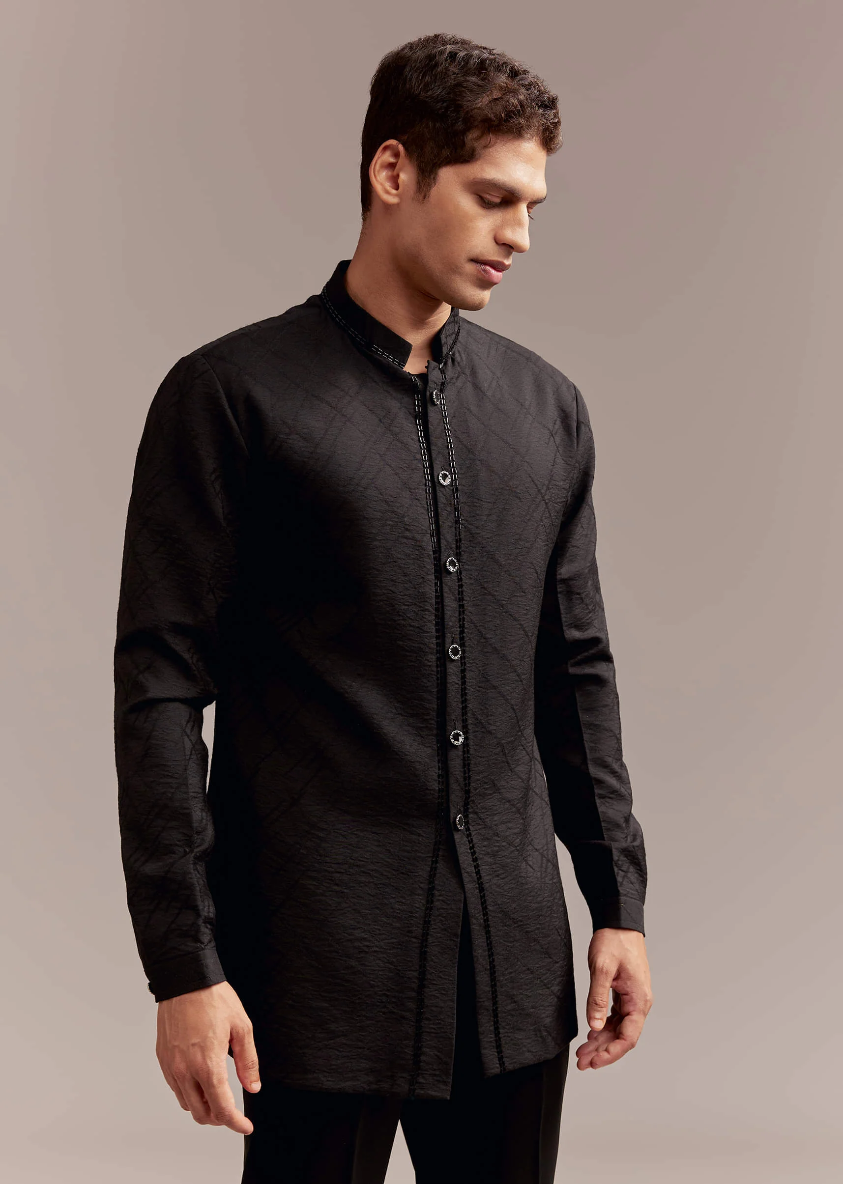 Black Indo Western Set For Men With Tonal Embroidery - Image 7