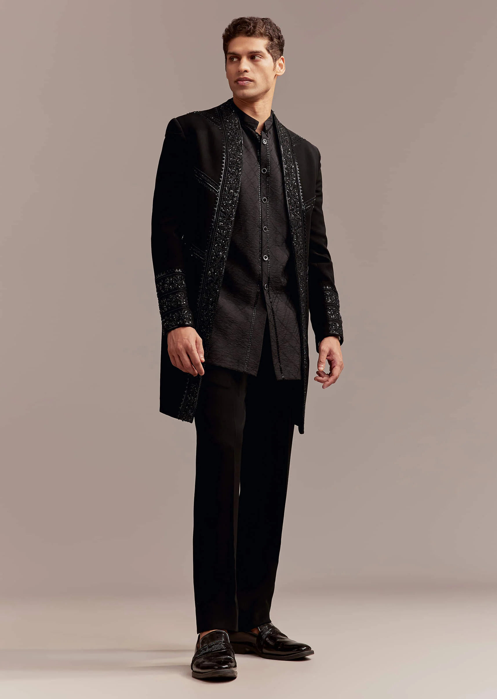 Black Indo Western Set For Men With Tonal Embroidery - Image 9