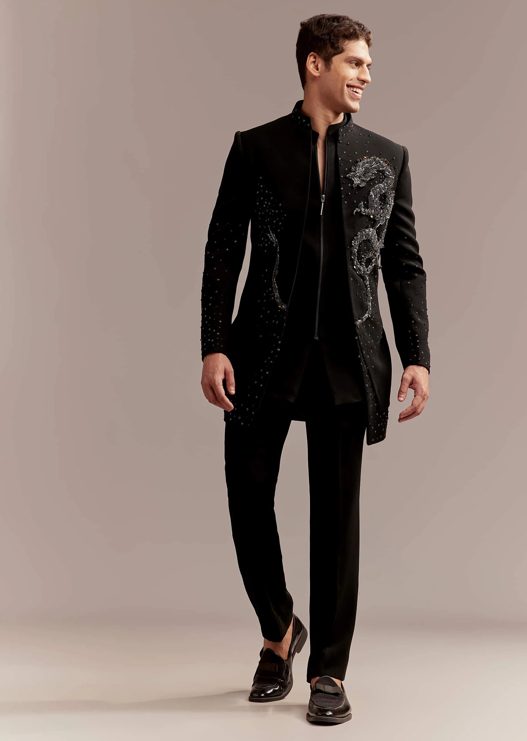 Black Indo Western Set For Men With Zardosi Dragon Motif - Image 2