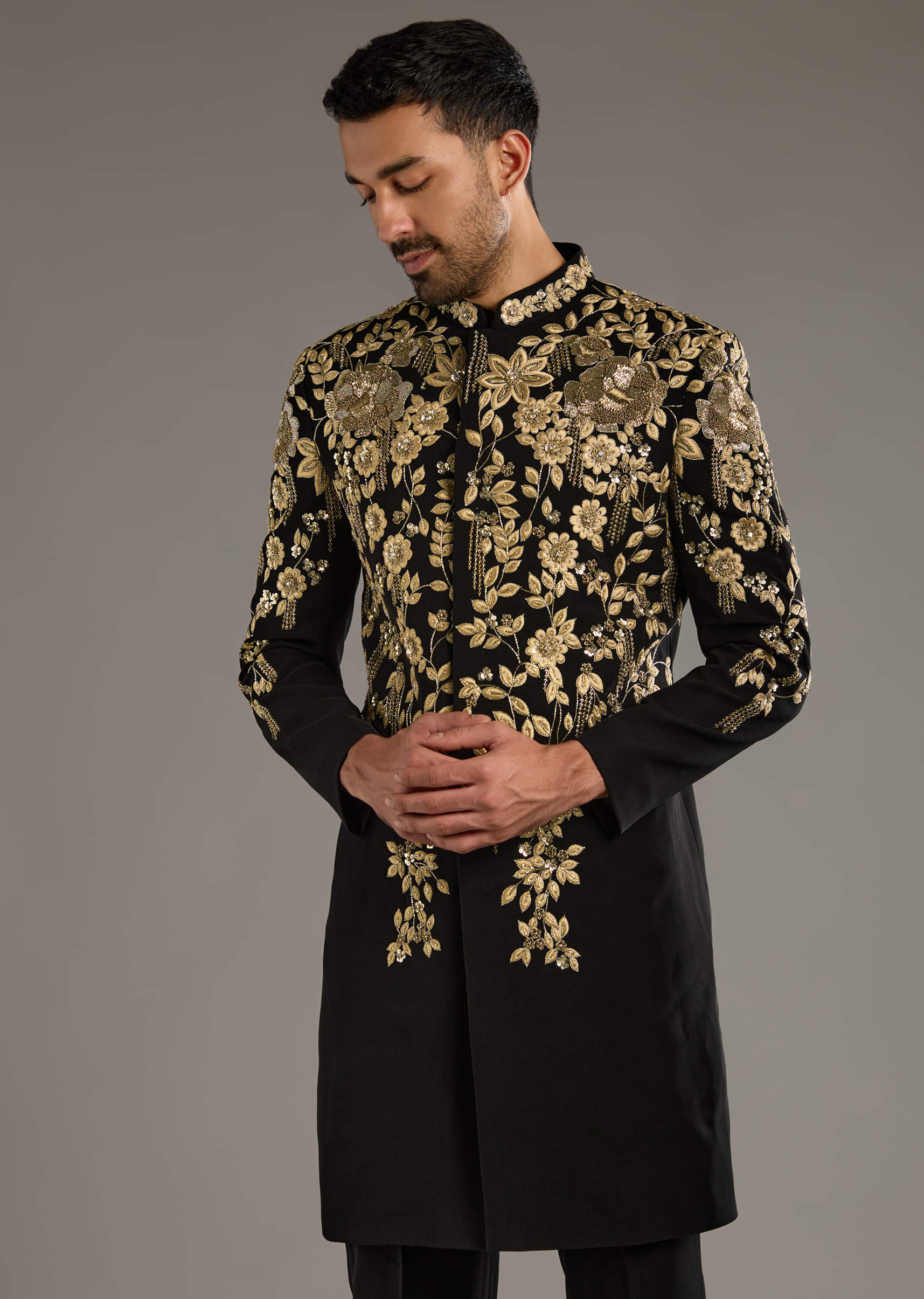 Black Indo Western Set For Men With Zardosi Embroidery - Image 4