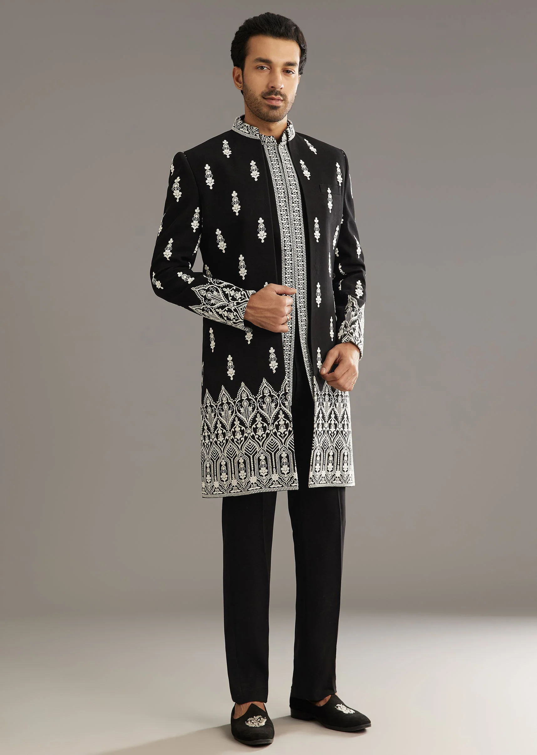 Black Indo Western Set With Embroidery On Japanese Fabric - Image 3