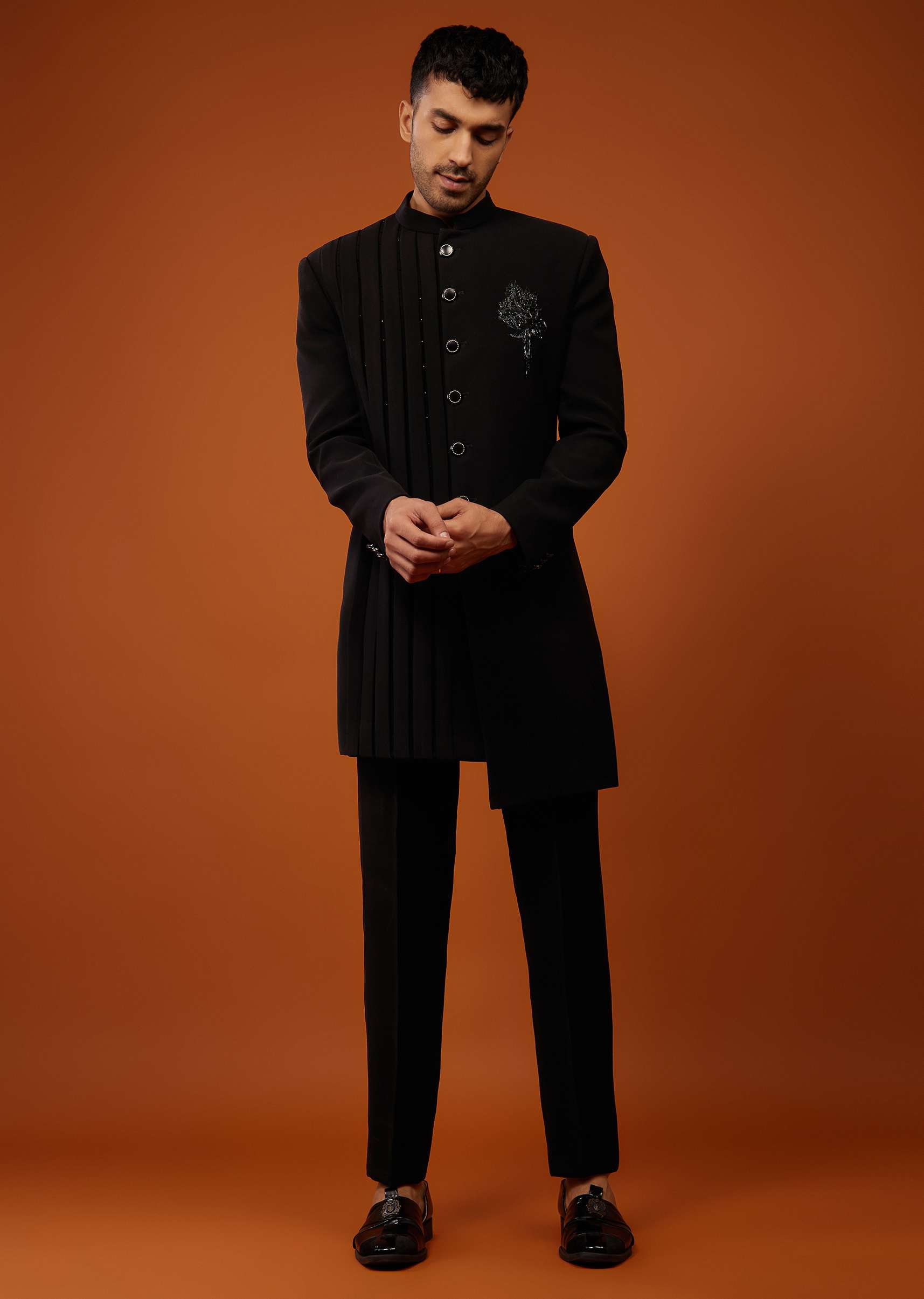 Black Indo-Western Sherwani Set Embroidered In Imported Suiting Fabric - Image 3