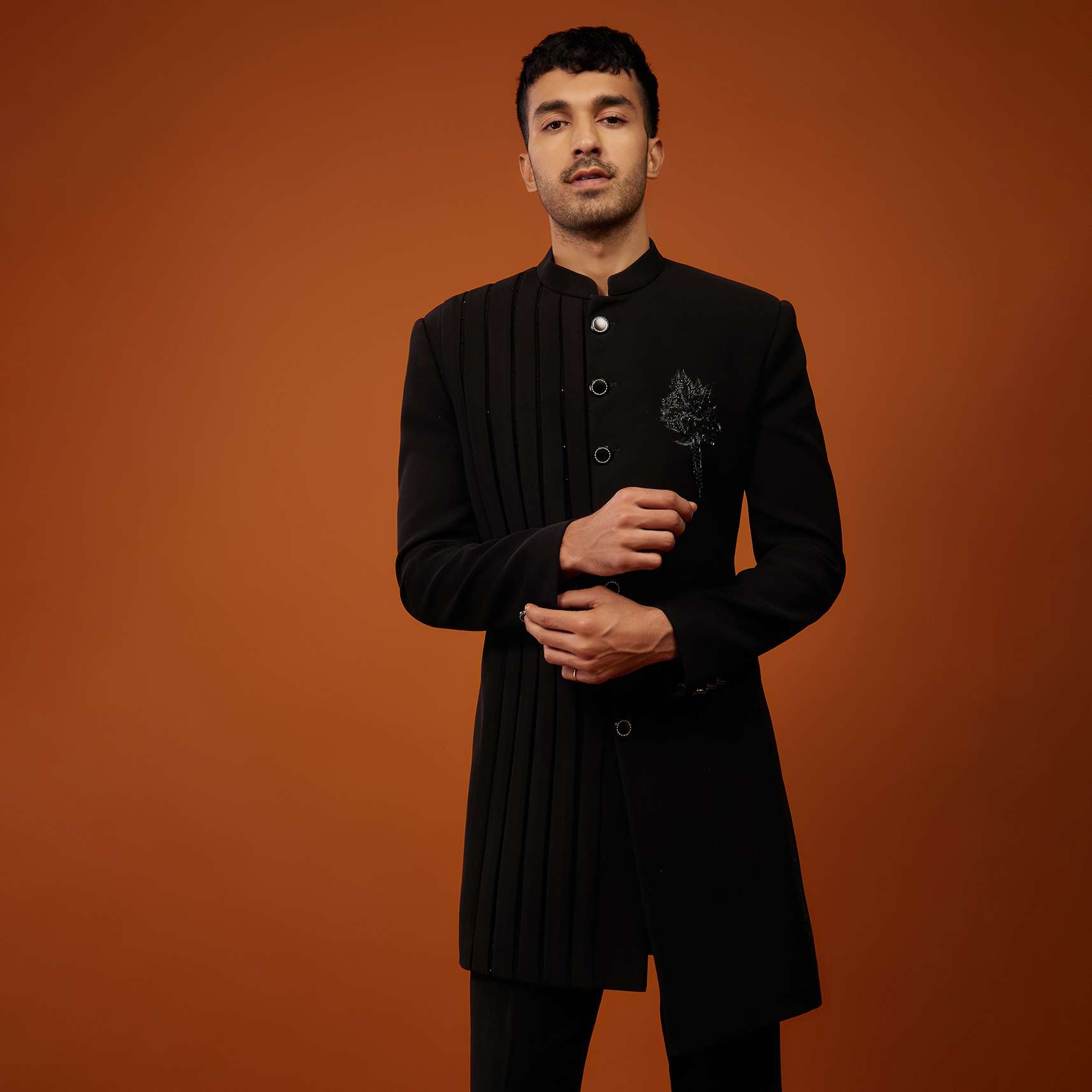 Black Indo-Western Sherwani Set Embroidered In Imported Suiting Fabric - Image 4