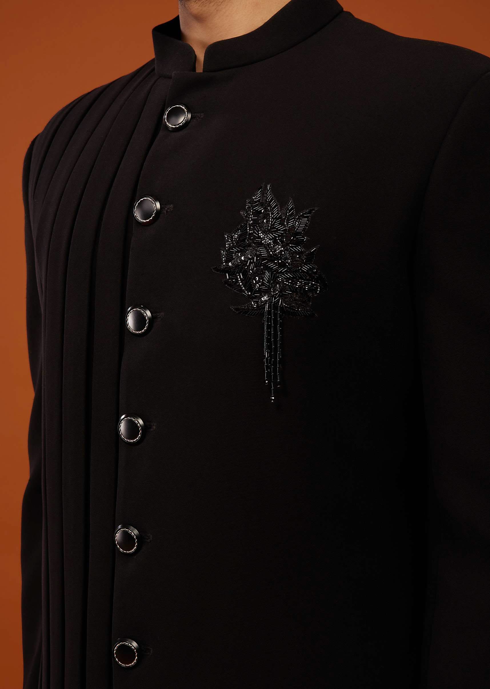 Black Indo-Western Sherwani Set Embroidered In Imported Suiting Fabric - Image 5