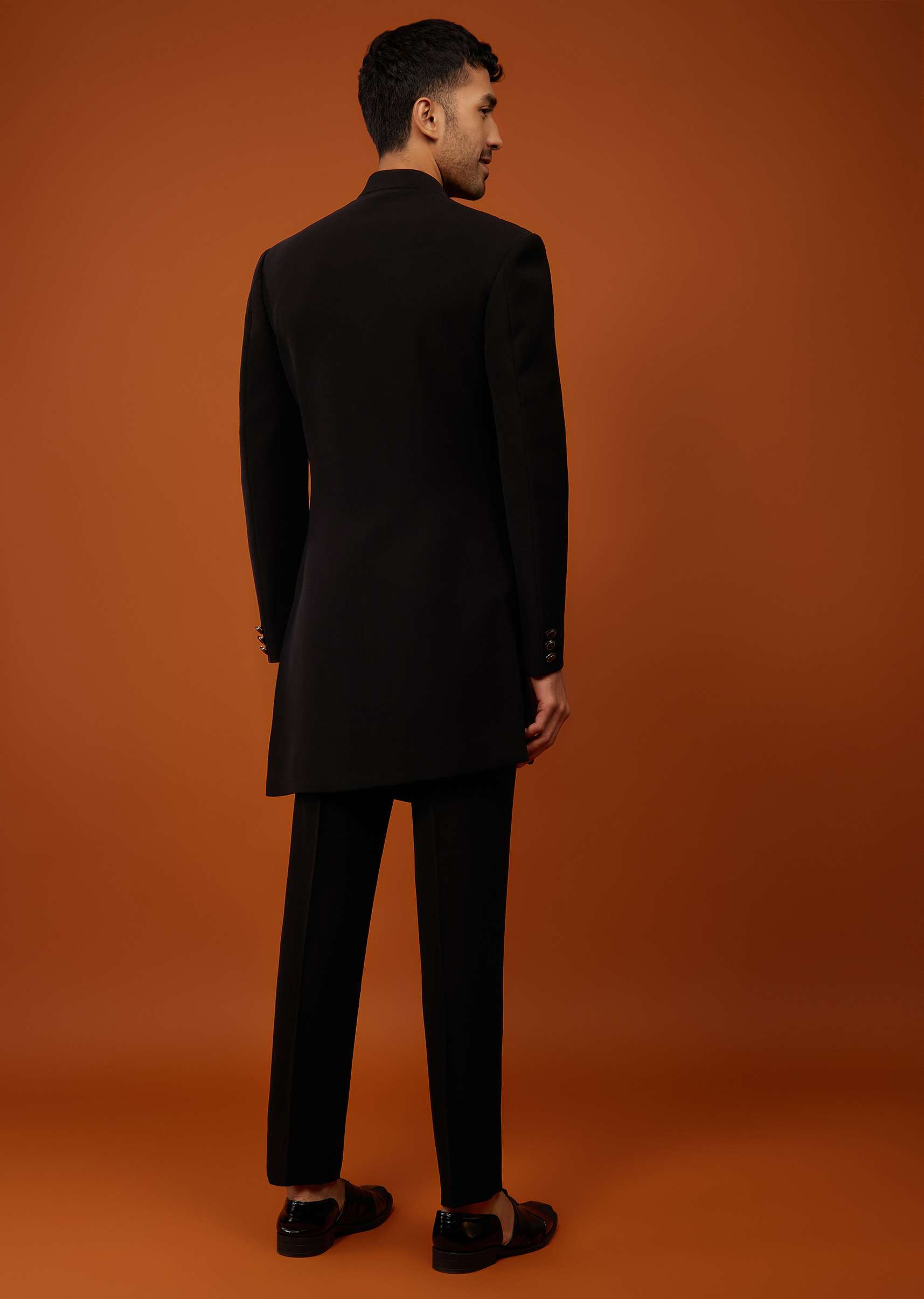 Black Indo-Western Sherwani Set Embroidered In Imported Suiting Fabric - Image 6