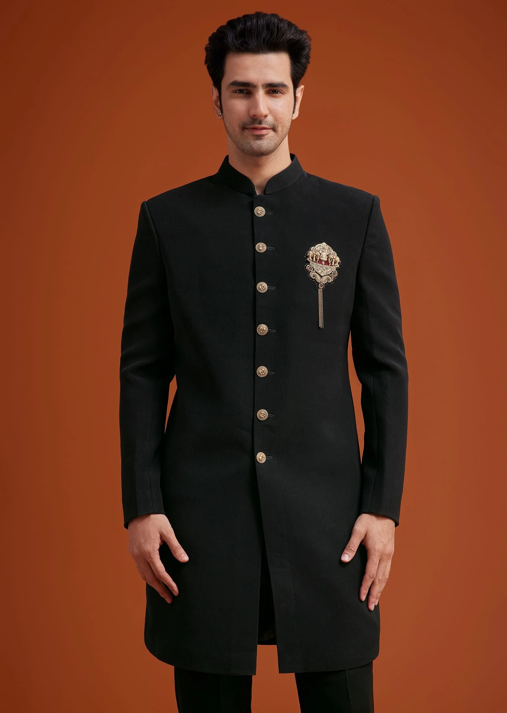 Black Indo Western With Brass Brooch Detailing - Image 2