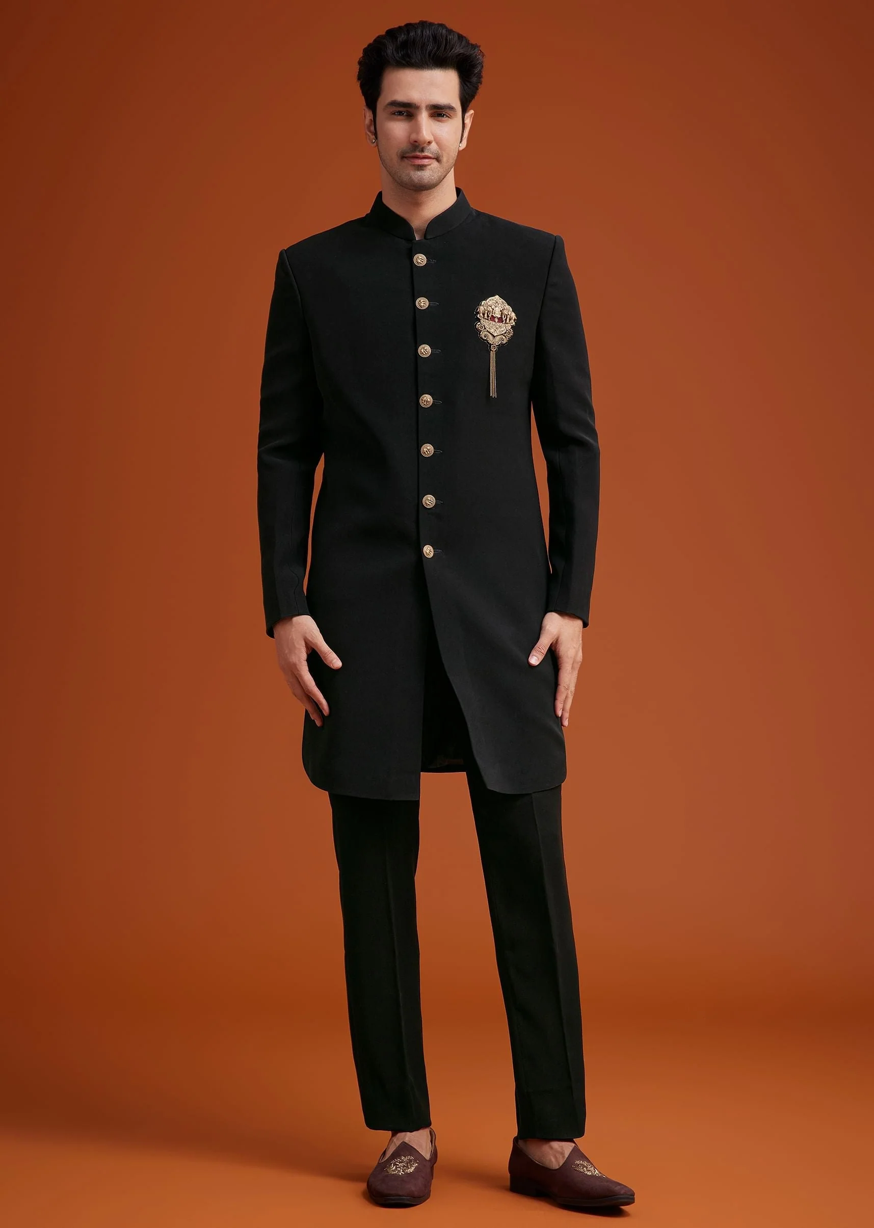 Black Indo Western With Brass Brooch Detailing - Image 3