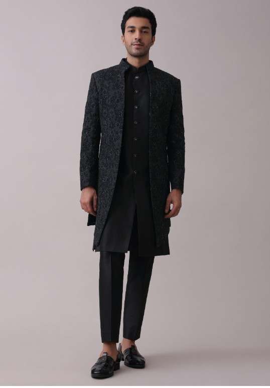 Black Indowestern Achkan Jacket Set In Silk With Moti Embroidery - Image 6