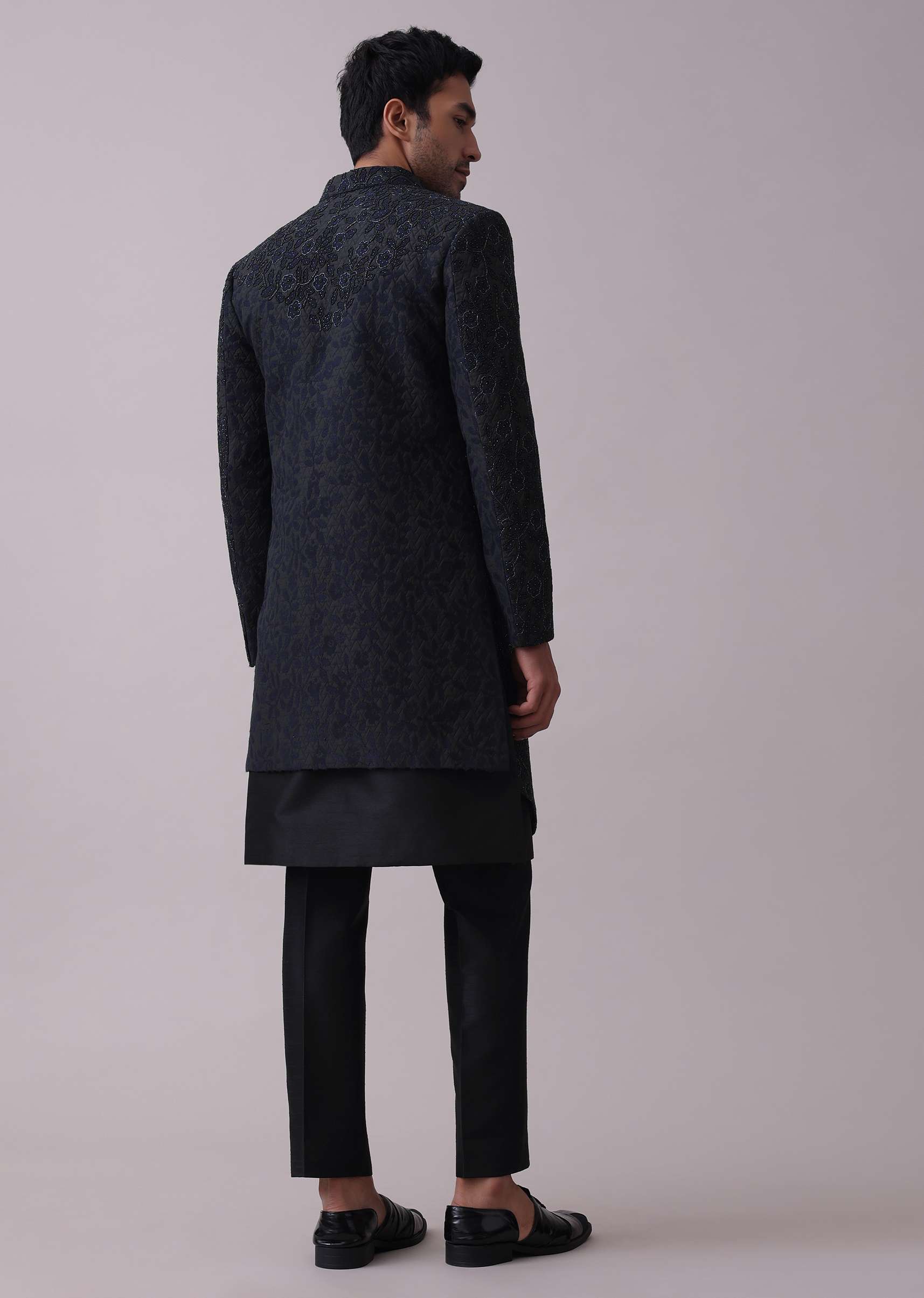 Black Indowestern Achkan Jacket Set In Silk With Moti Embroidery - Image 7