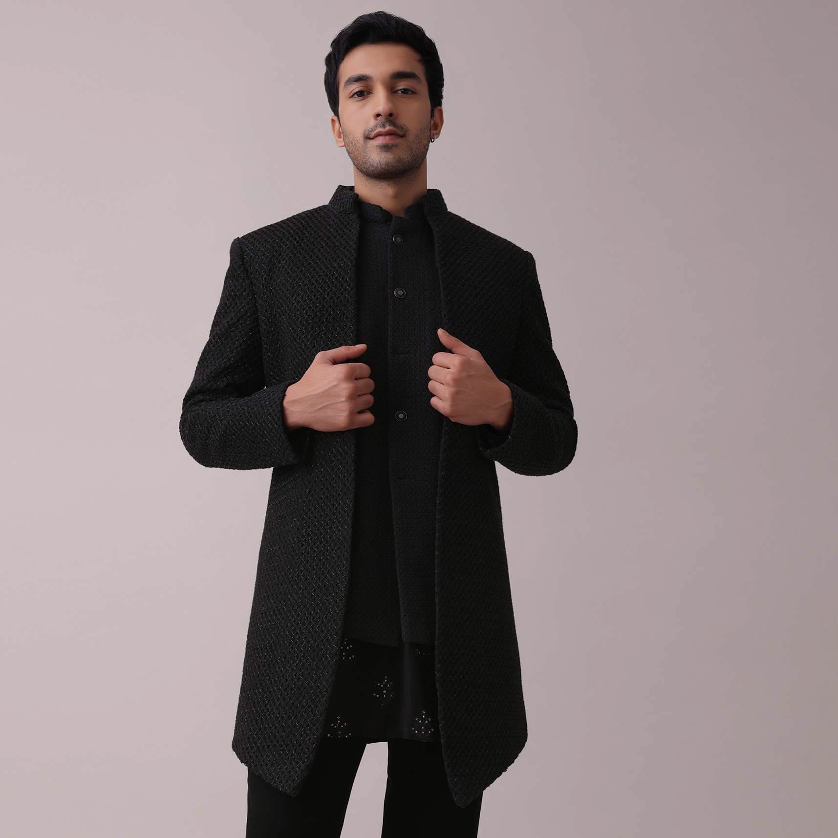 Black Indowestern Four-Piece Embroidered Achkan Jacket Set In Georgette - Image 2