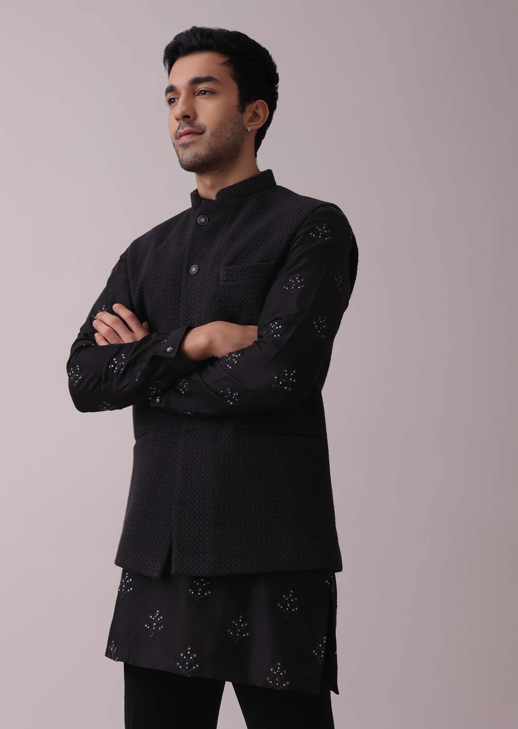Black Indowestern Four-Piece Embroidered Achkan Jacket Set In Georgette - Image 7