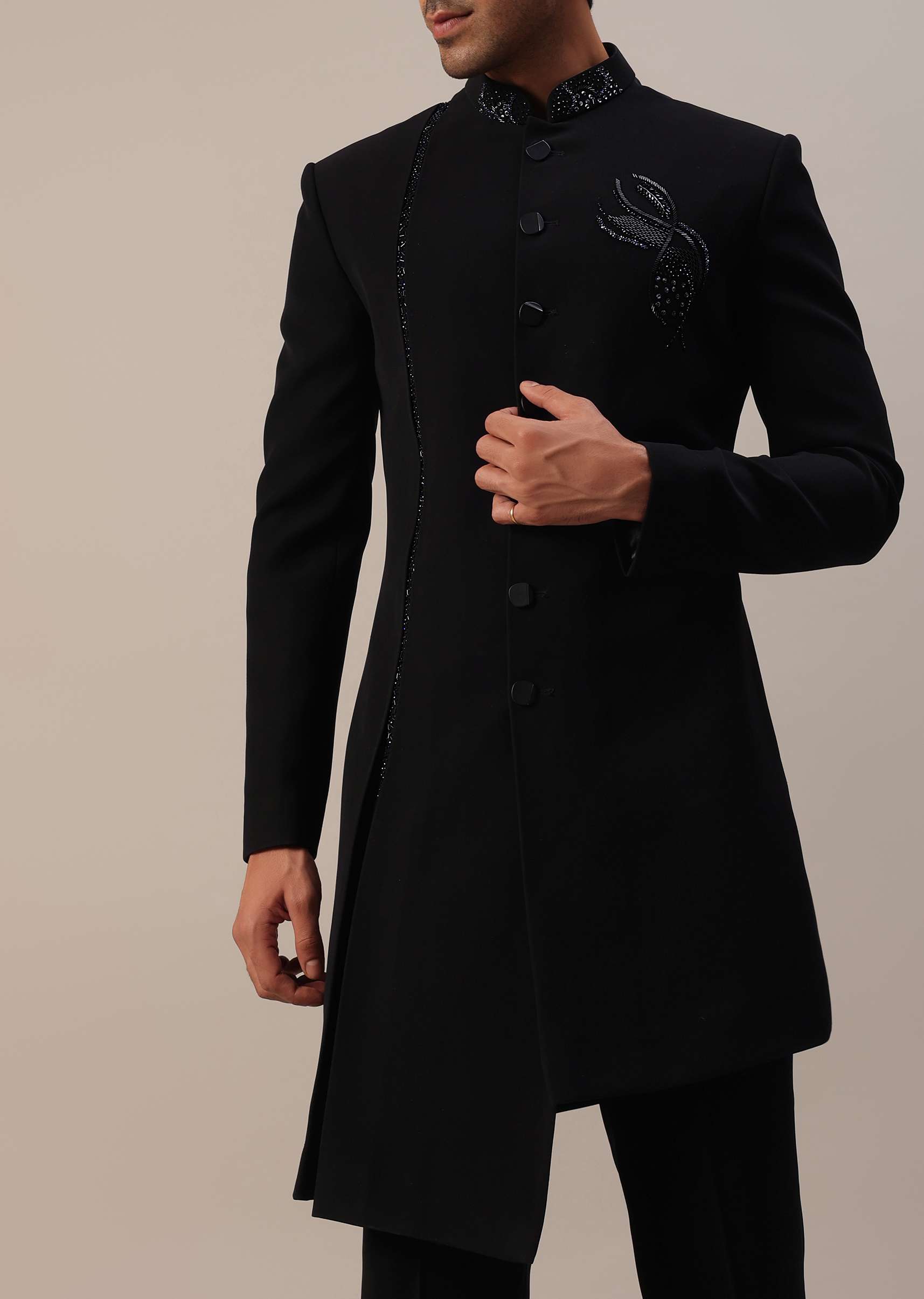 Black Indowestern In Suiting Fabric With Cut Dana Embroidery - Image 11