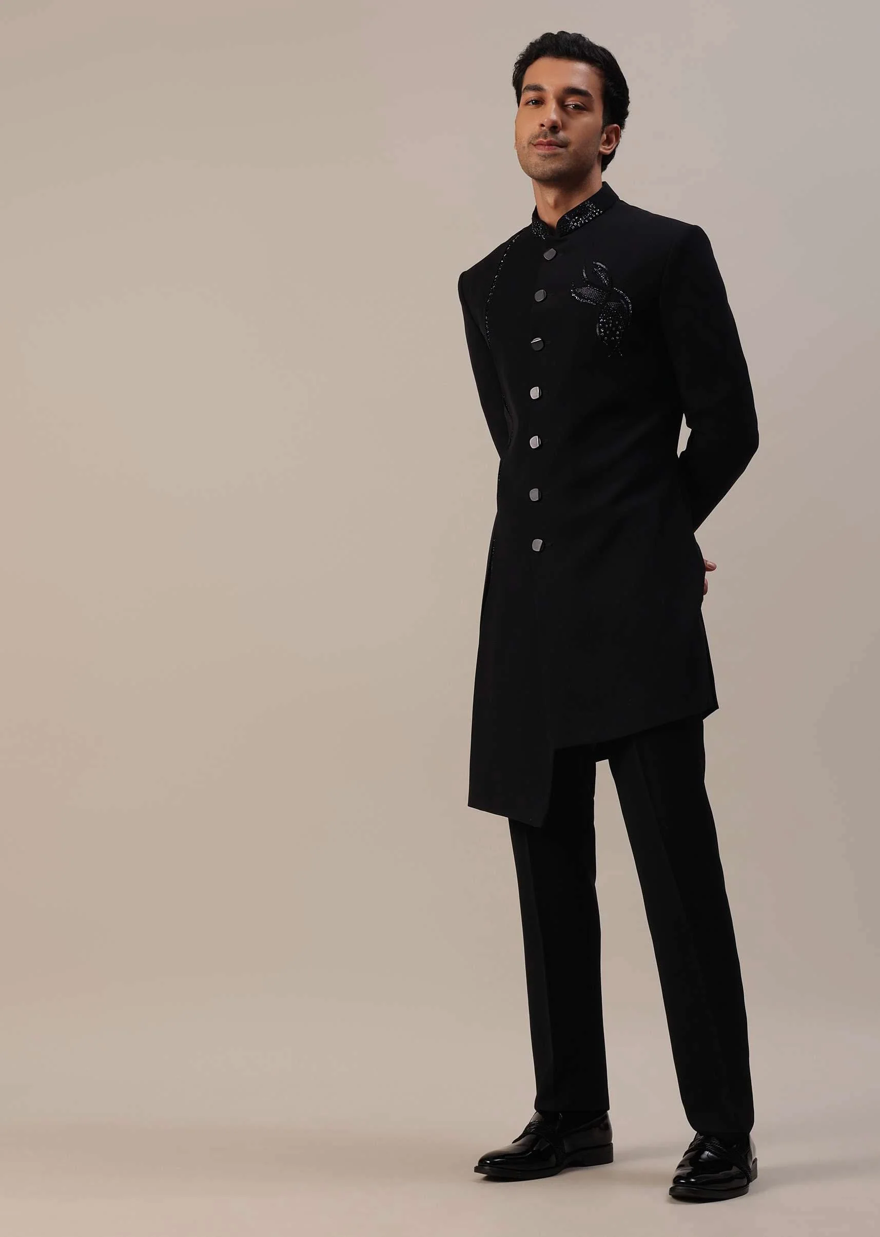 Black Indowestern In Suiting Fabric With Cut Dana Embroidery - Image 12