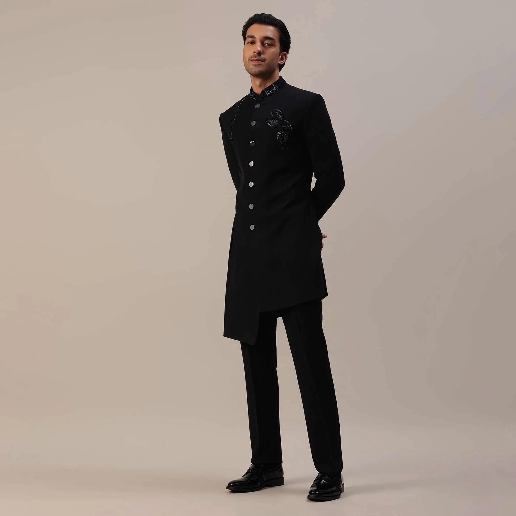 Black Indowestern In Suiting Fabric With Cut Dana Embroidery - Image 13