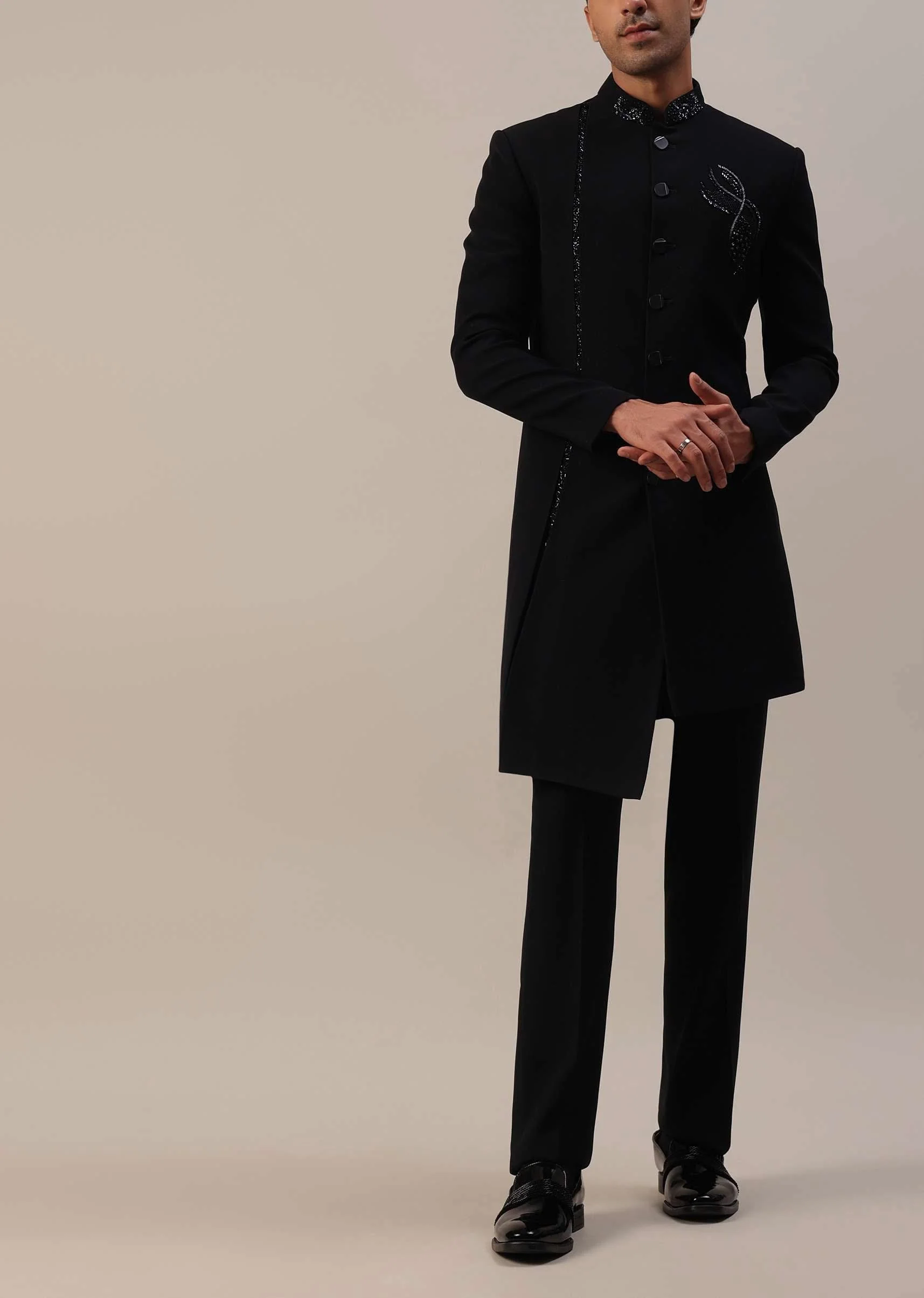 Black Indowestern In Suiting Fabric With Cut Dana Embroidery - Image 6