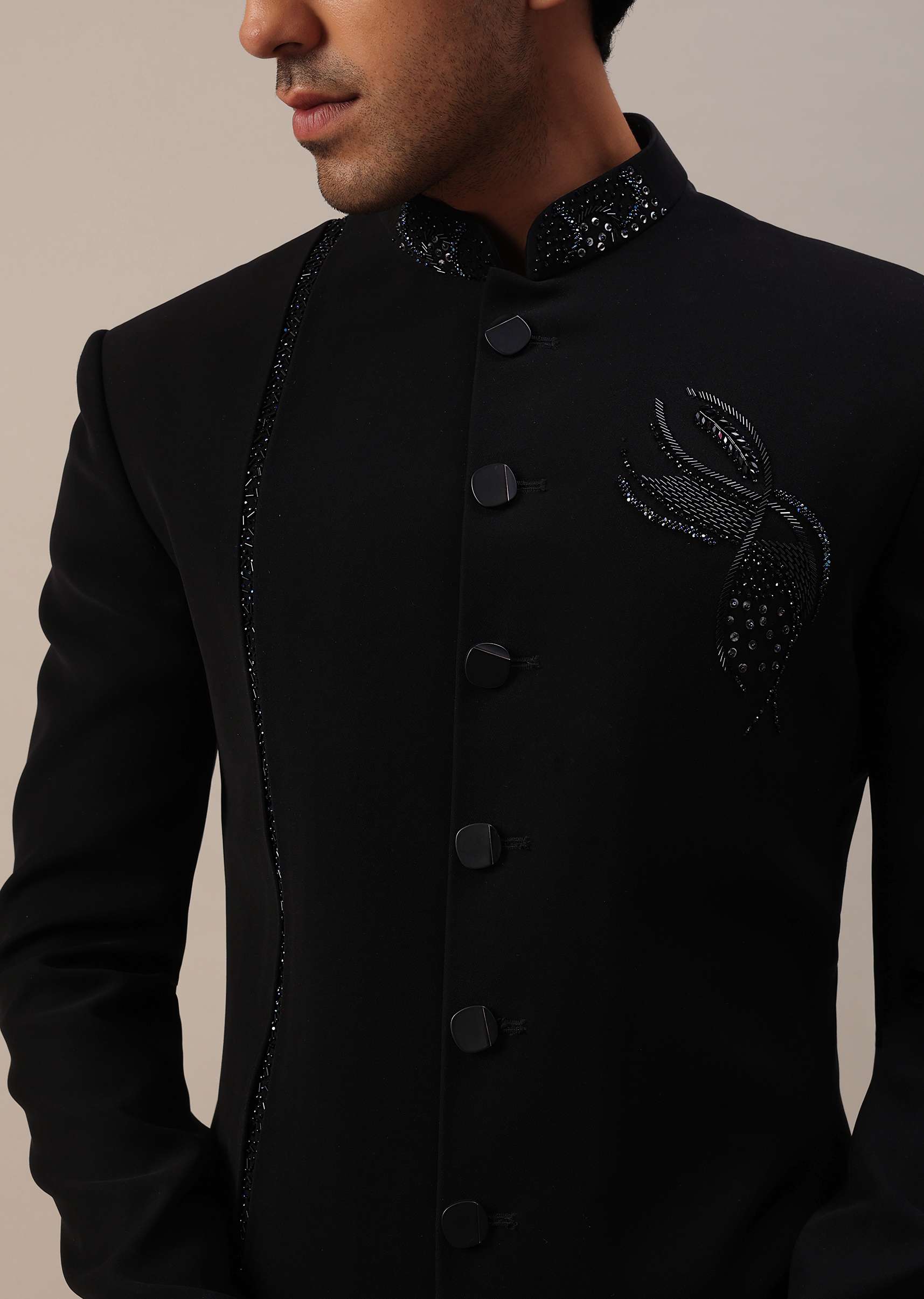 Black Indowestern In Suiting Fabric With Cut Dana Embroidery - Image 9