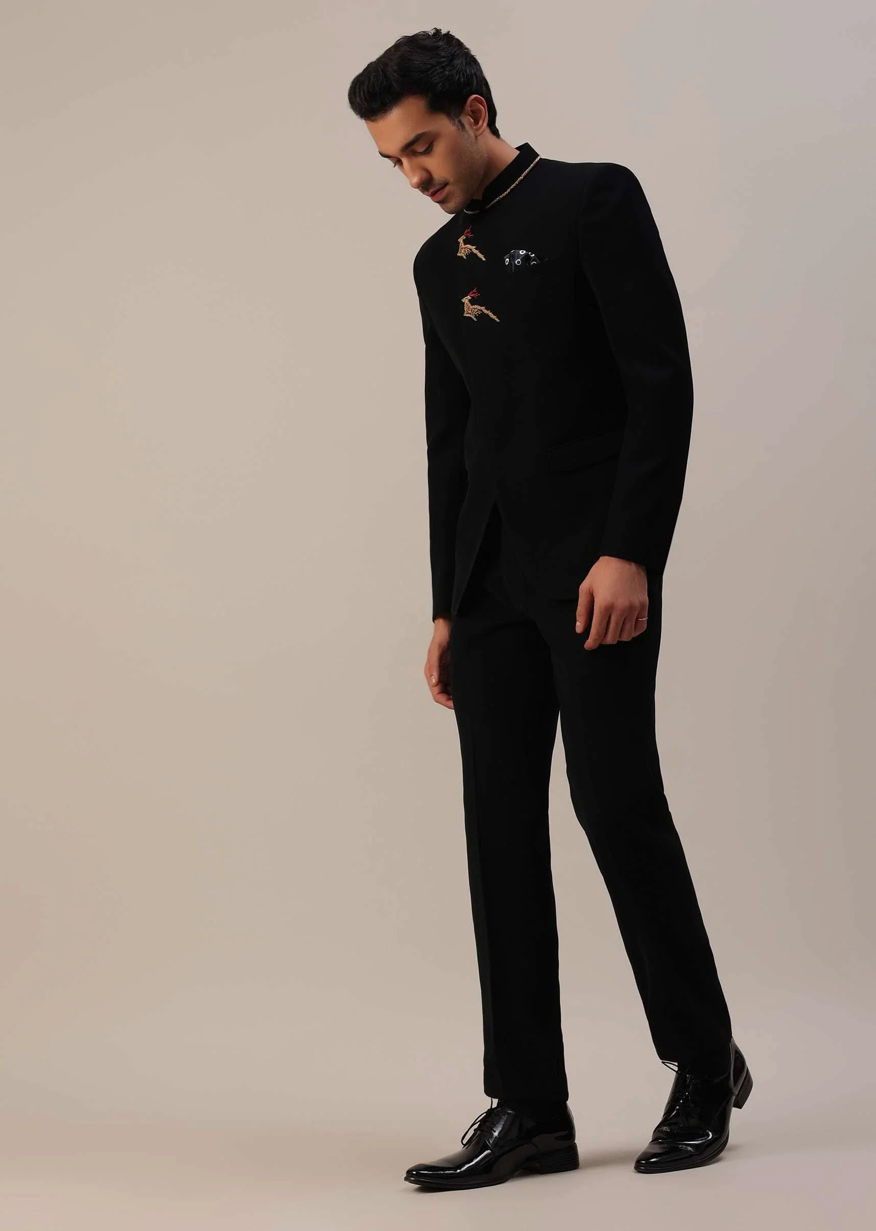 Black Indowestern In Suiting Fabric With Detailed Threadwork - Image 14