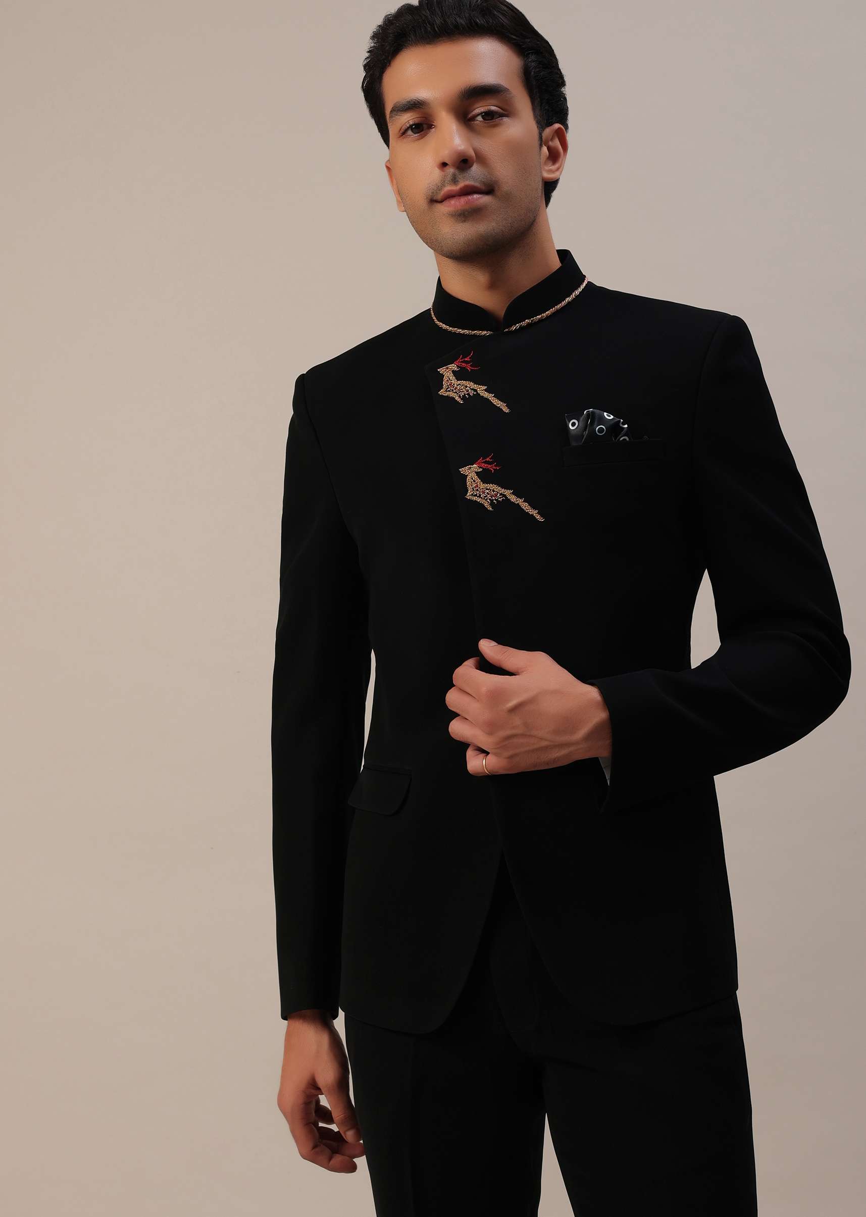Black Indowestern In Suiting Fabric With Detailed Threadwork - Image 4